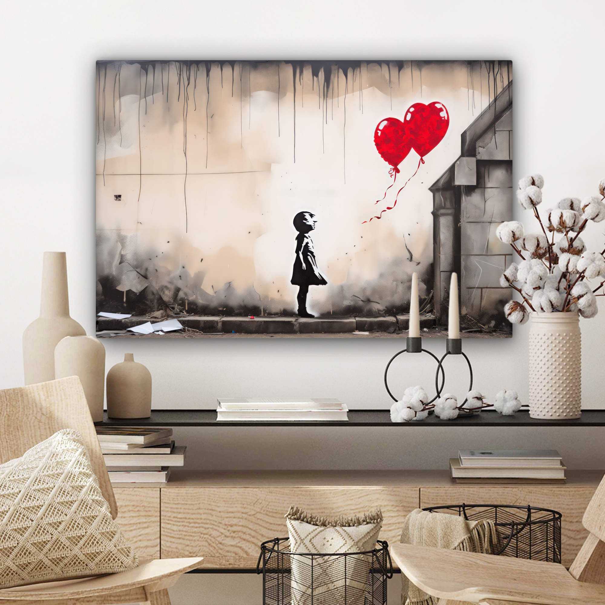 Tableau sur toile - Art - Fille - Ballons - Cœur - Gris-3