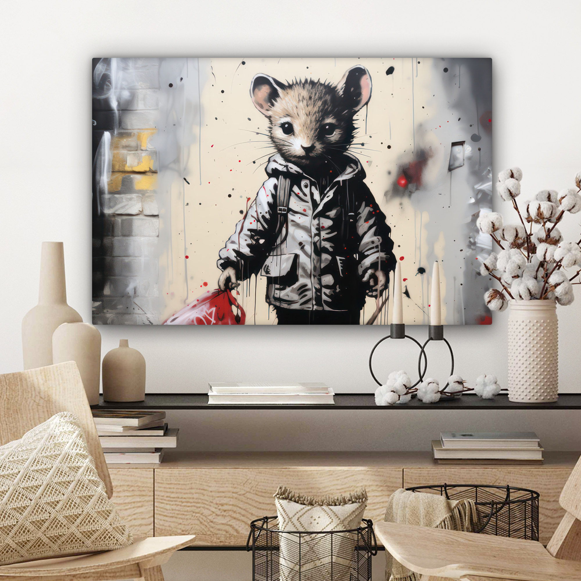 Tableau sur toile - Souris - Gris - Manteau - Art de rue-3