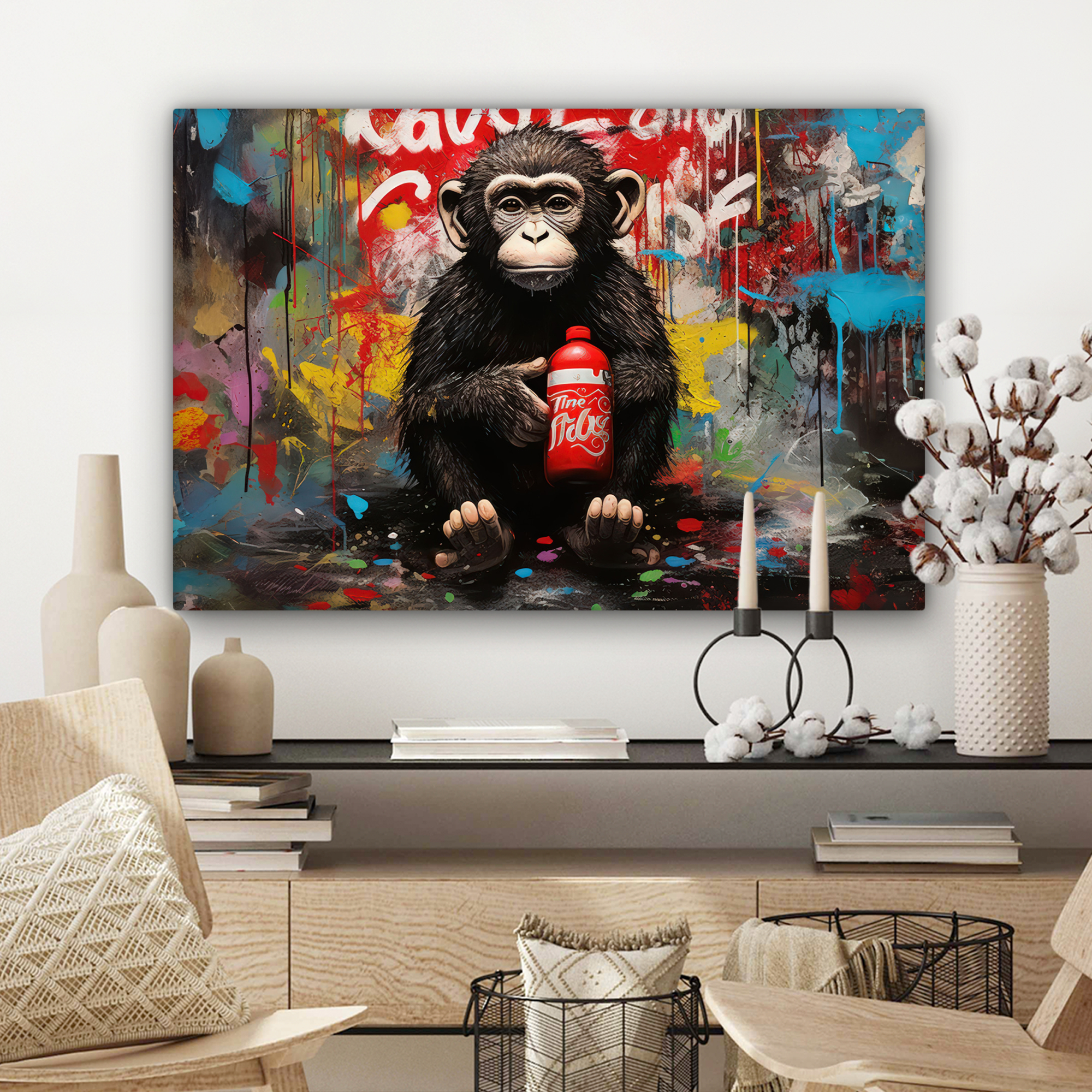 Tableau sur toile - Singe - Graffiti - Animaux - Art - Bouteille - Couleurs-3