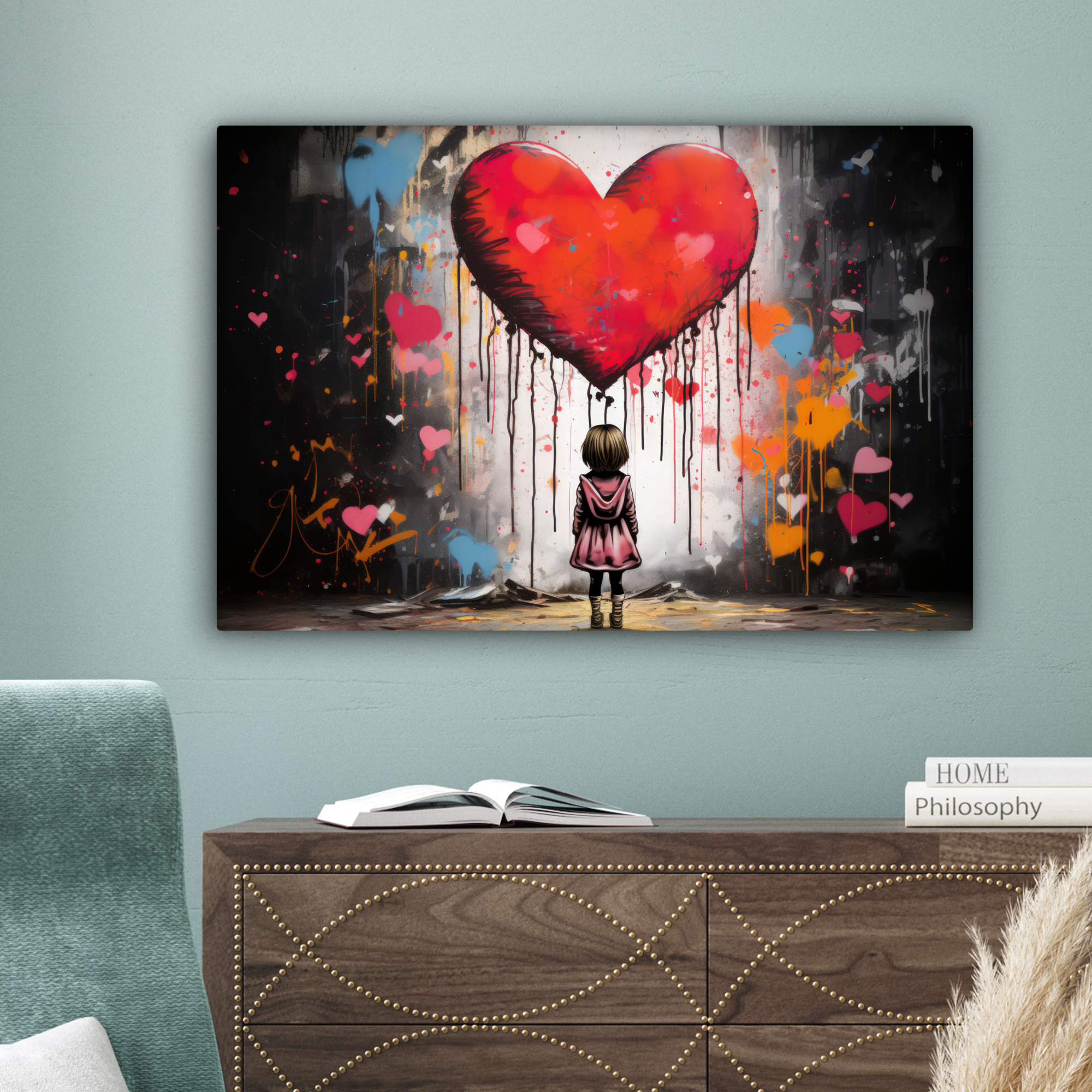 Tableau sur toile - Fille - Cœur - Graffiti - Art - Couleurs - Rouge-4