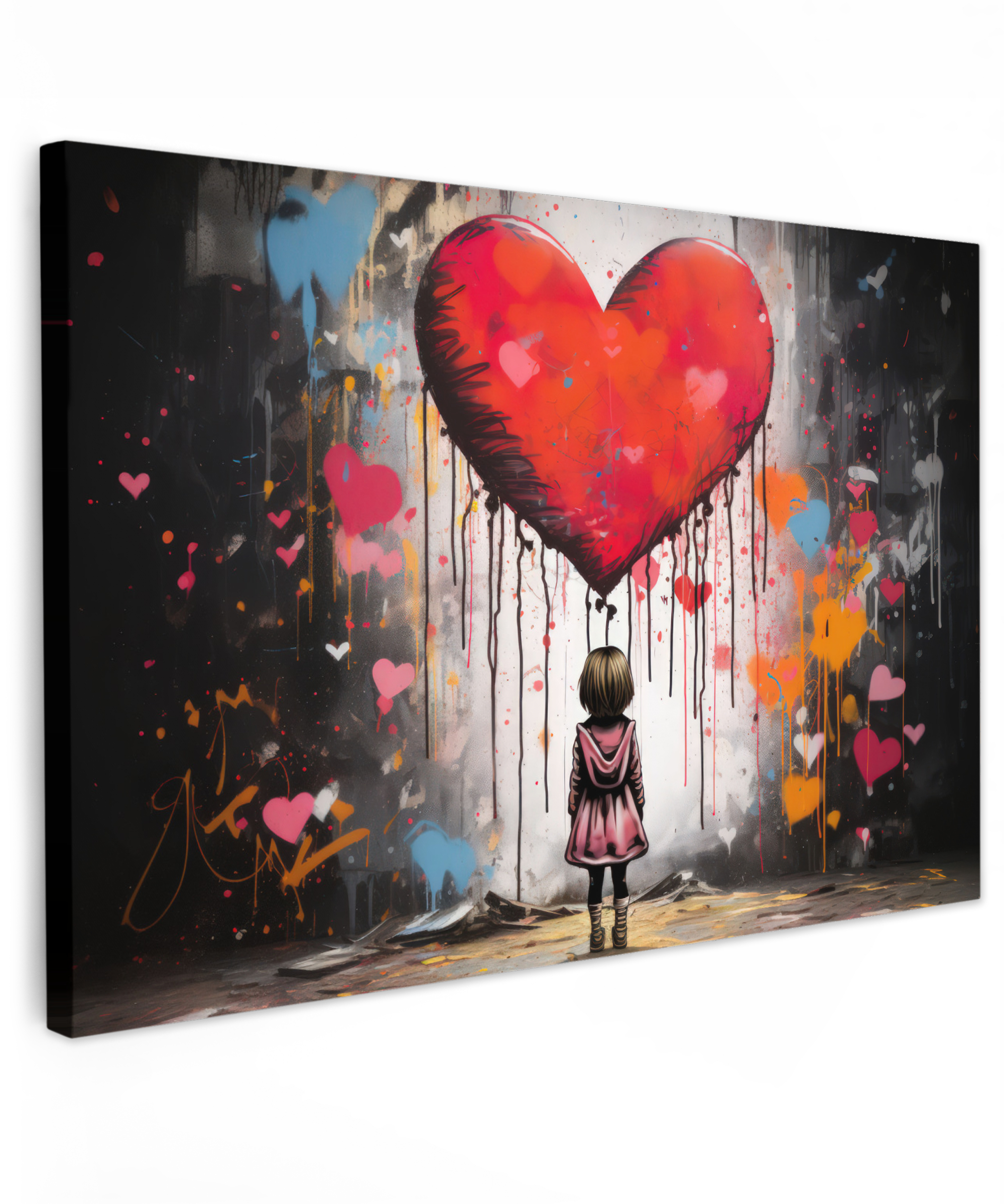 Canvas schilderij - Meisje - Hart - Graffiti - Kunst - Kleuren - Rood