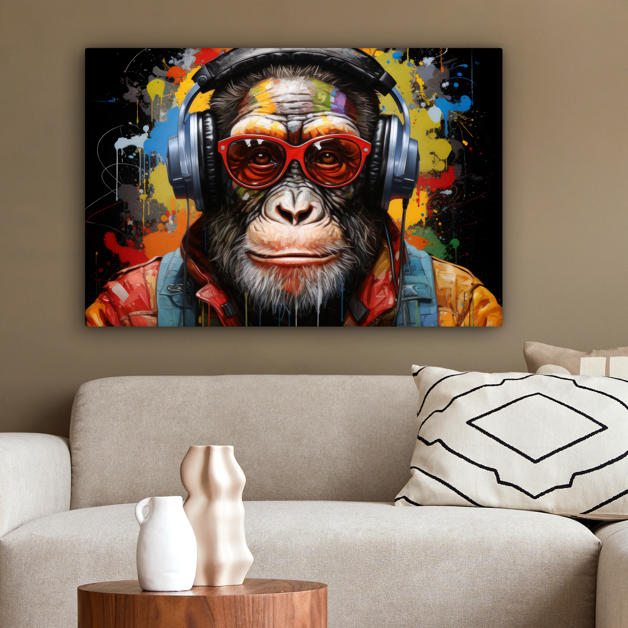 Canvas schilderij - Chimpansee - Aap - dieren - Graffiti - Bril - Koptelefoon - Kleuren-2