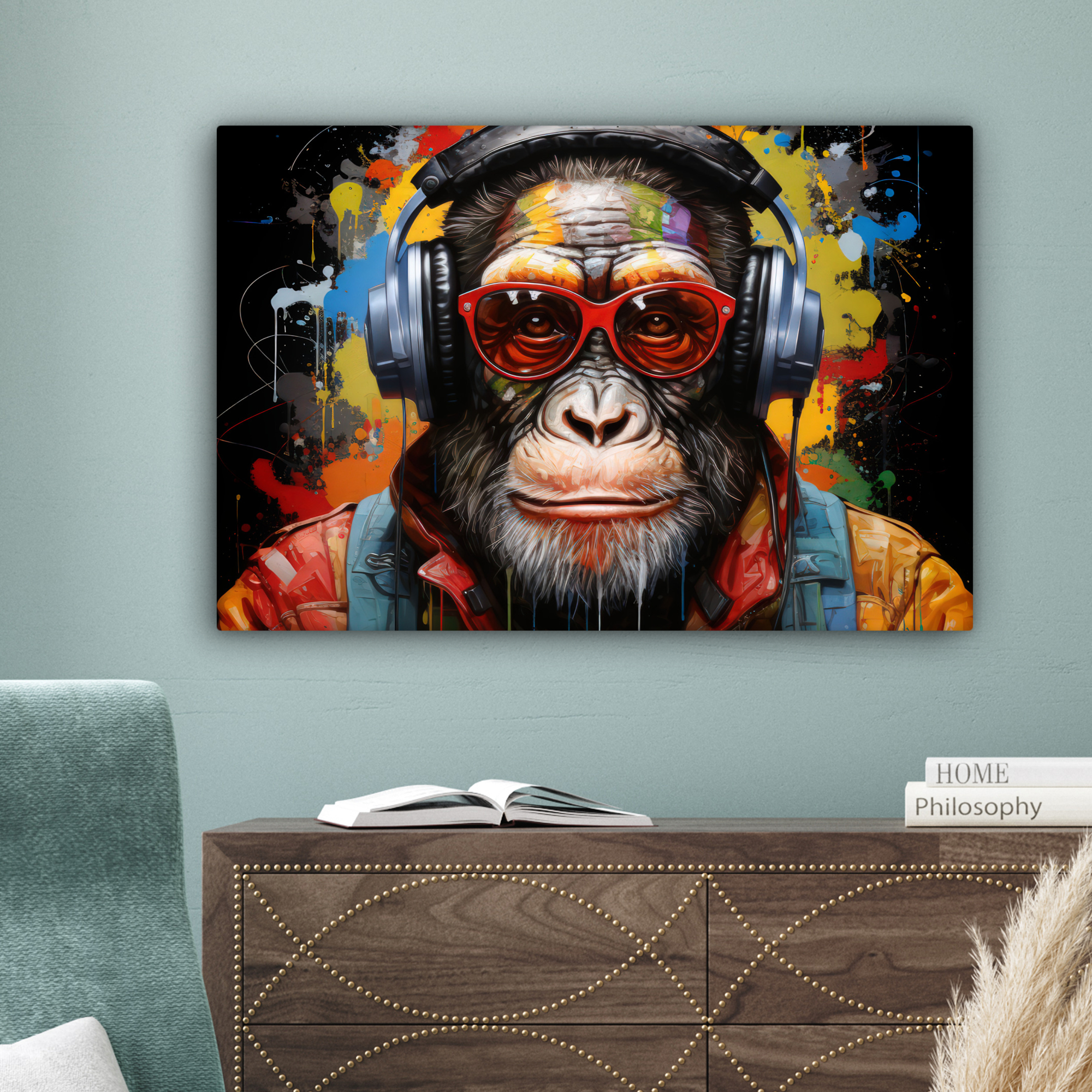 Leinwandbild - Schimpanse - Affe - Tiere - Graffiti - Brille - Kopfhörer - Bunt-4