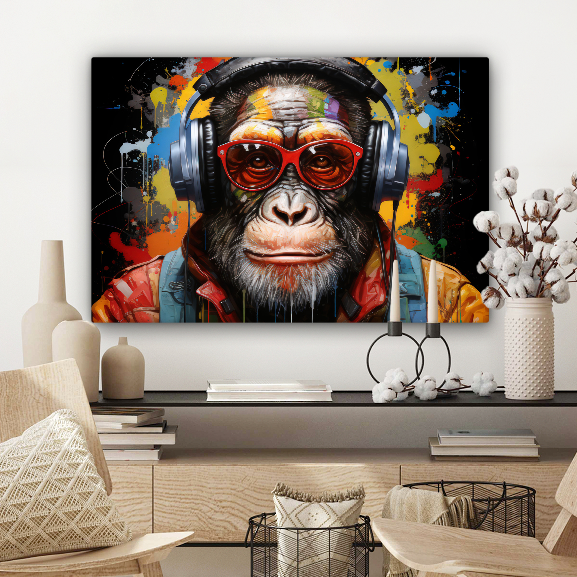 Leinwandbild - Schimpanse - Affe - Tiere - Graffiti - Brille - Kopfhörer - Bunt-3