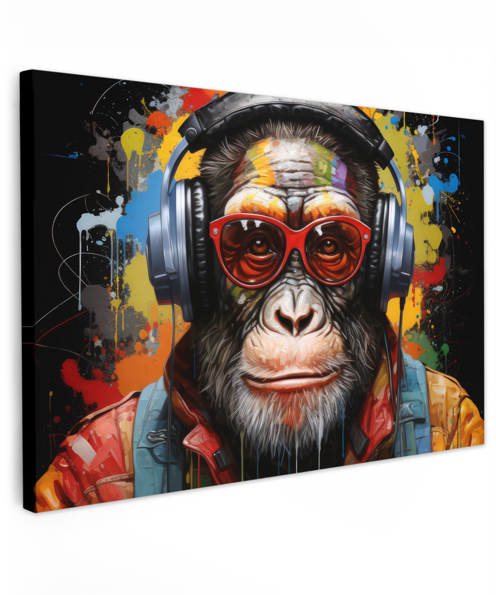 Canvas schilderij - Chimpansee - Aap - dieren - Graffiti - Bril - Koptelefoon - Kleuren