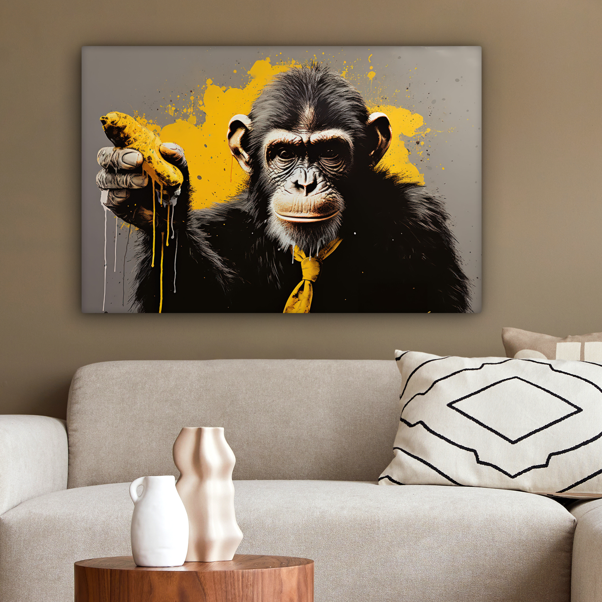 Leinwandbild - Affe - Schimpanse - Banane - Gelb - Tiere - Krawatte-2
