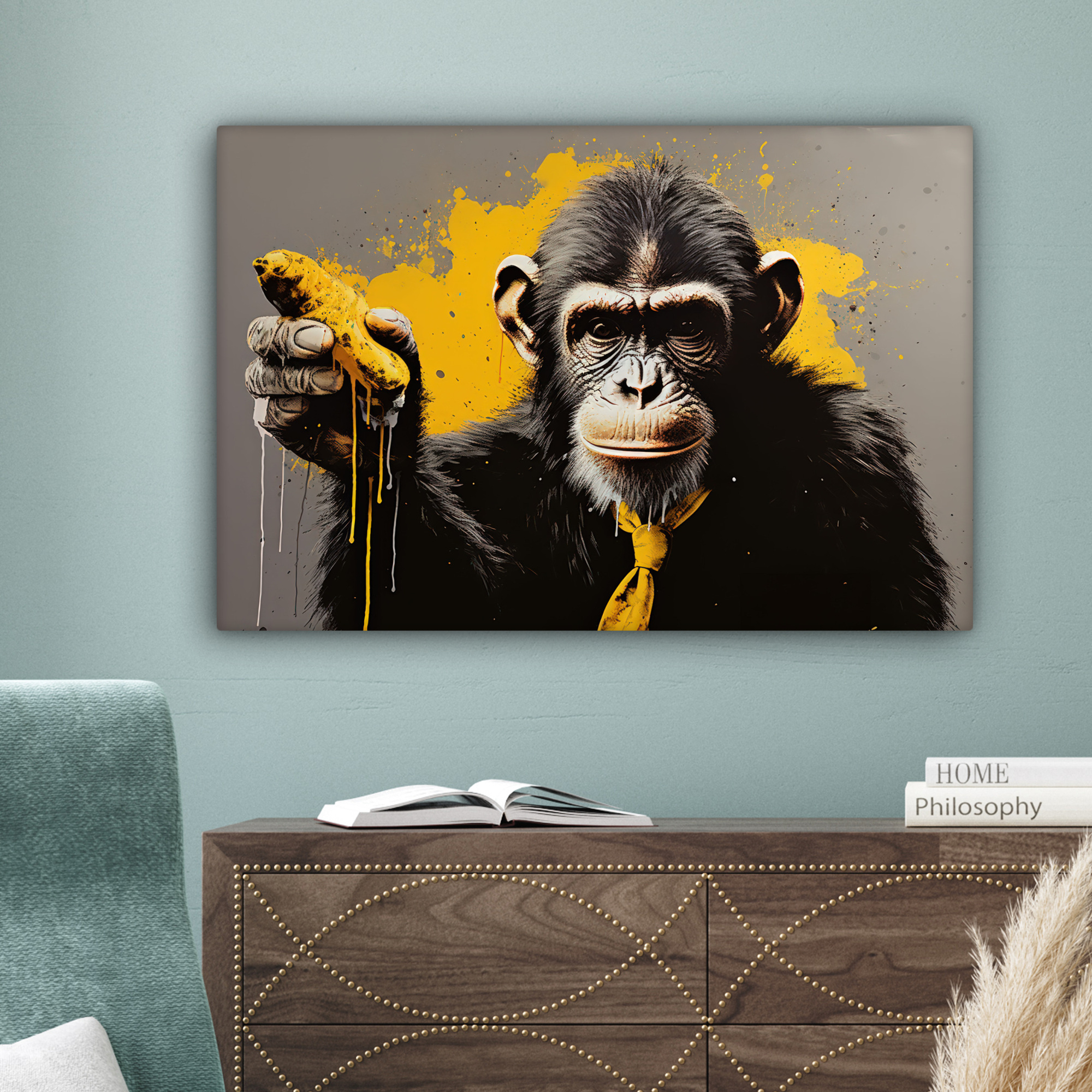 Tableau sur toile - Singe - Chimpanzé - Banane - Jaune - Animaux - Cravate-4