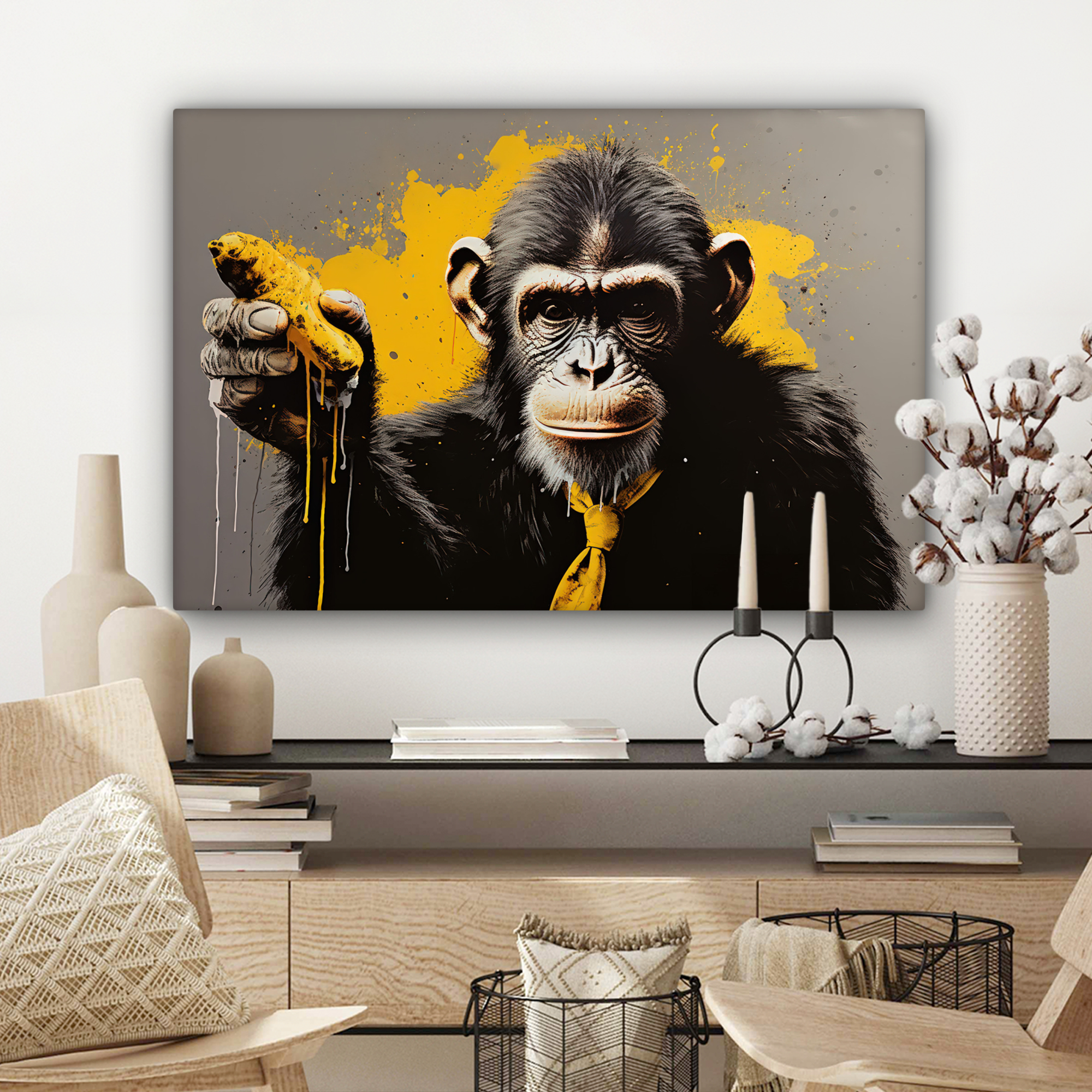 Tableau sur toile - Singe - Chimpanzé - Banane - Jaune - Animaux - Cravate-3