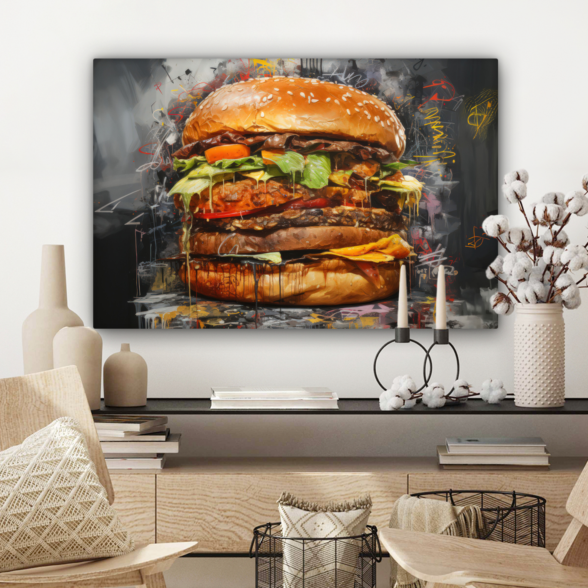 Tableau sur toile - Burger - Nourriture - Art - Gris - Graffiti-3
