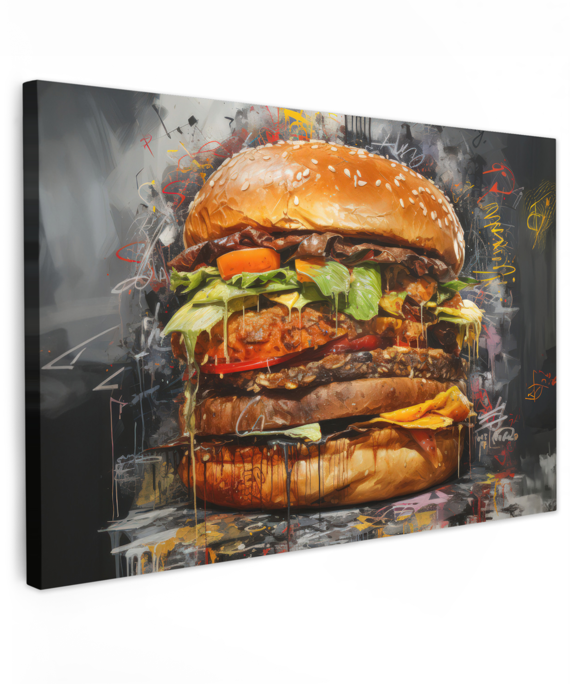 Canvas schilderij - Burger - Eten - Kunst - Grijs - Graffiti