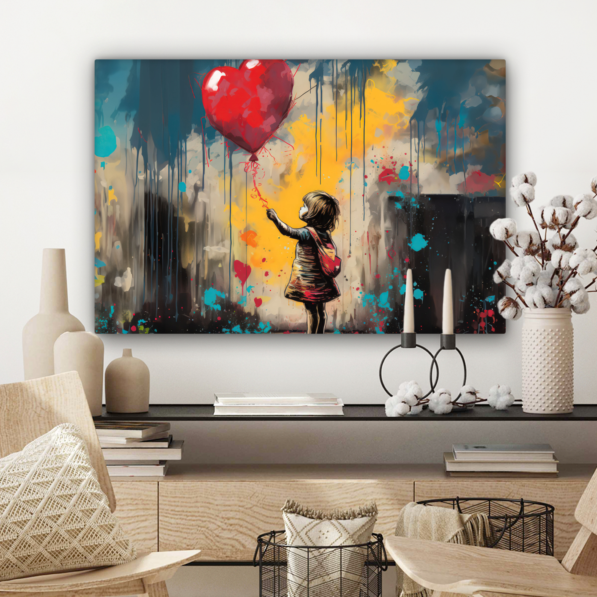 Tableau sur toile - Fille - Ballon - Cœur - Graffiti-3