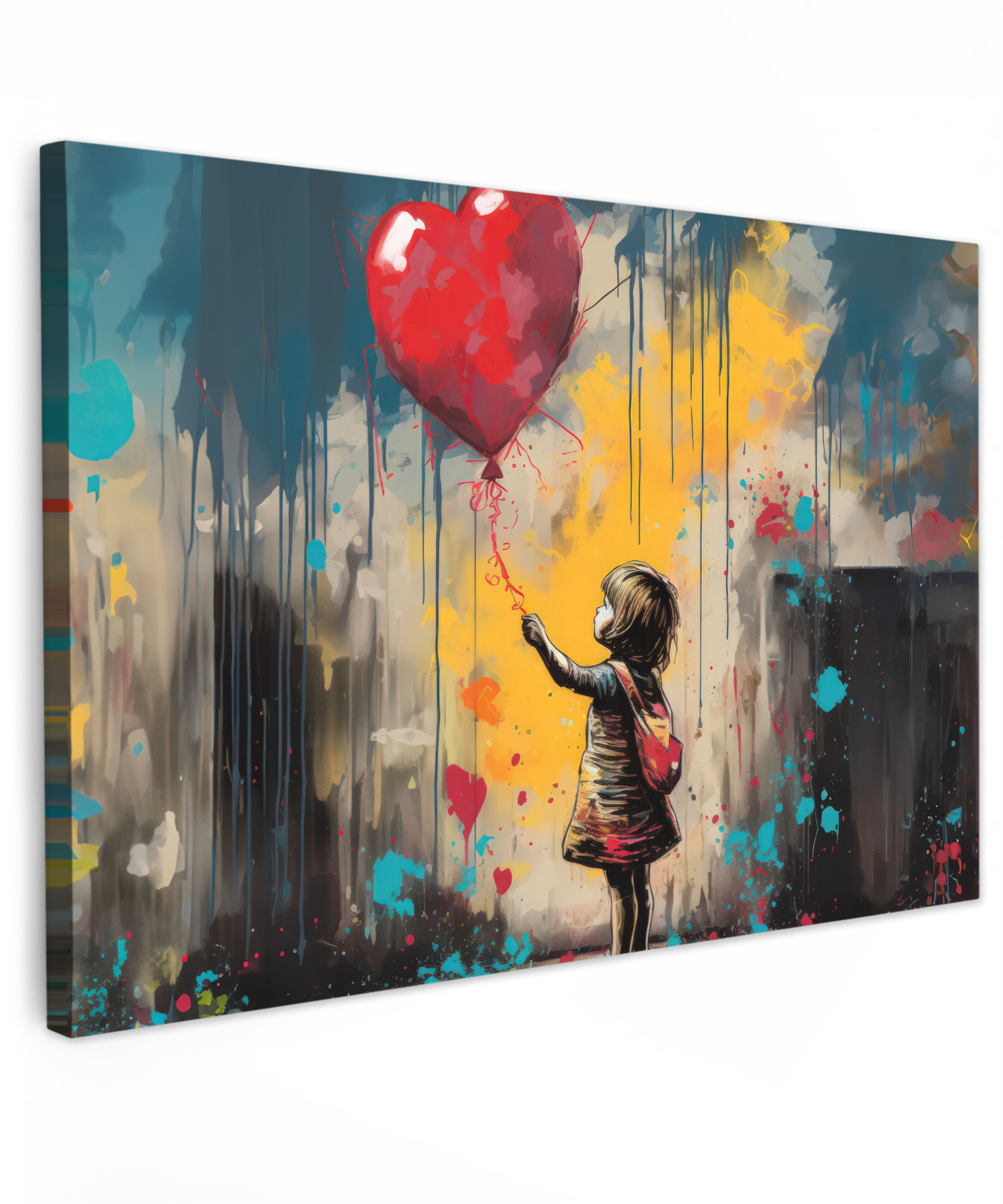 Leinwandbild - Mädchen - Ballon - Herz - Graffiti