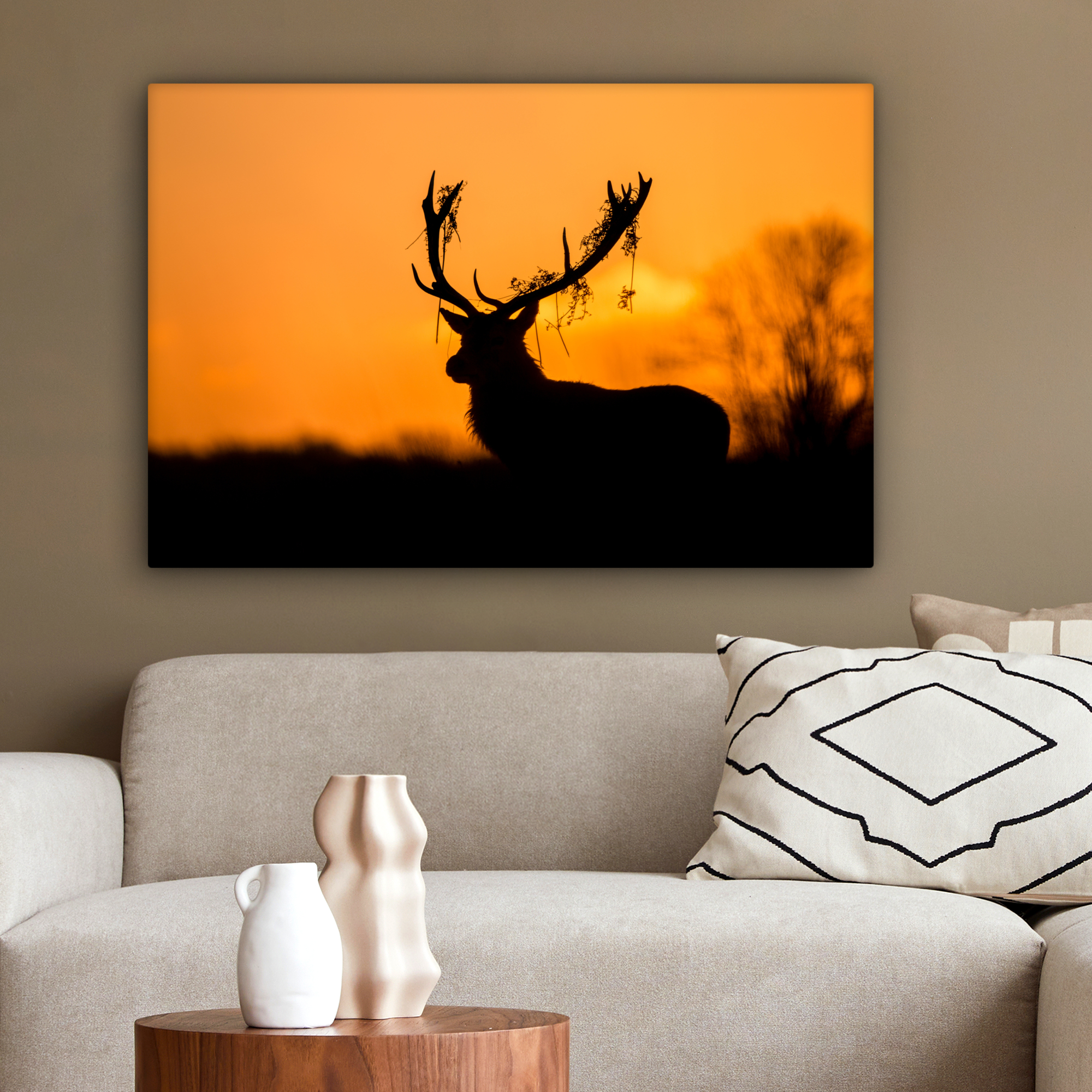 Leinwandbild - Hirsch - Orange - Silhouette - Tiere - Natur-2