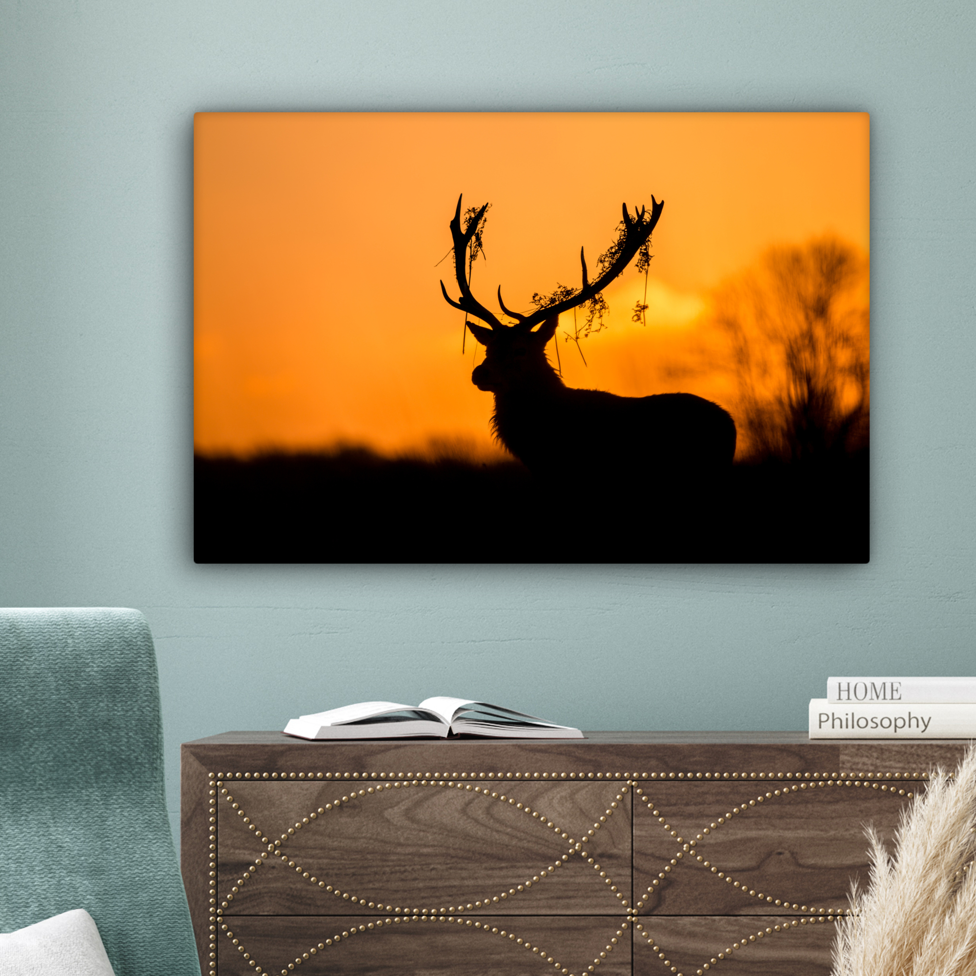 Leinwandbild - Hirsch - Orange - Silhouette - Tiere - Natur-4