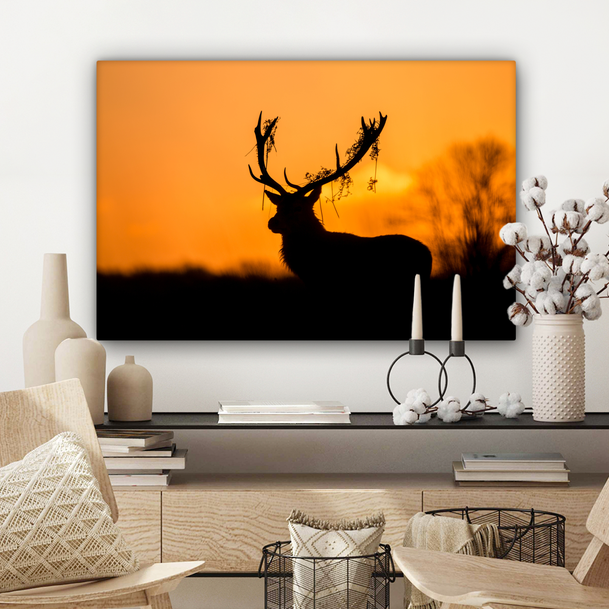 Canvas schilderij - Hert - Oranje - Silhouet - Dieren - Natuur-3