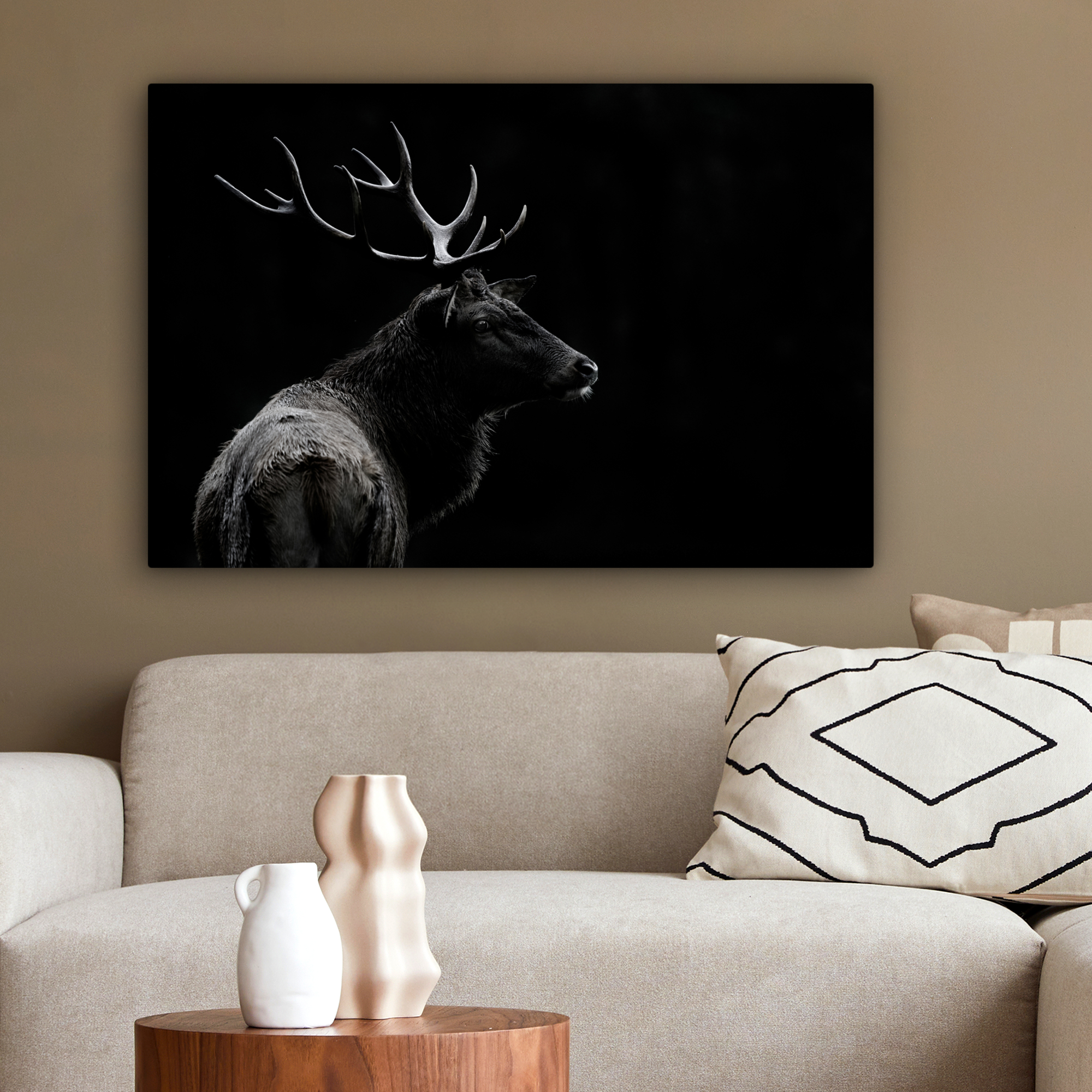 Tableau sur toile - Cerf - Noir - Portrait - Bois de cerf - Animaux-2