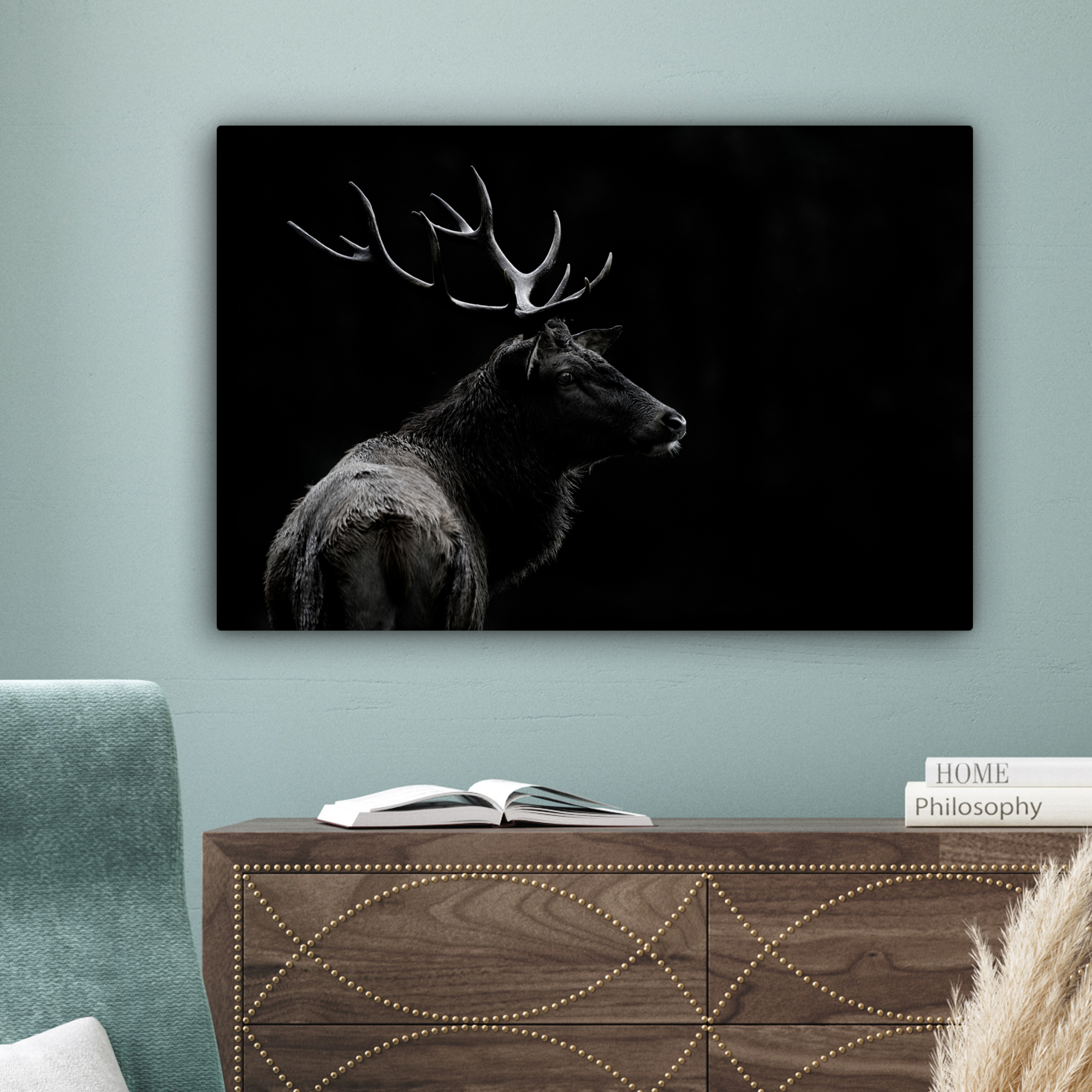 Tableau sur toile - Cerf - Noir - Portrait - Bois de cerf - Animaux-4