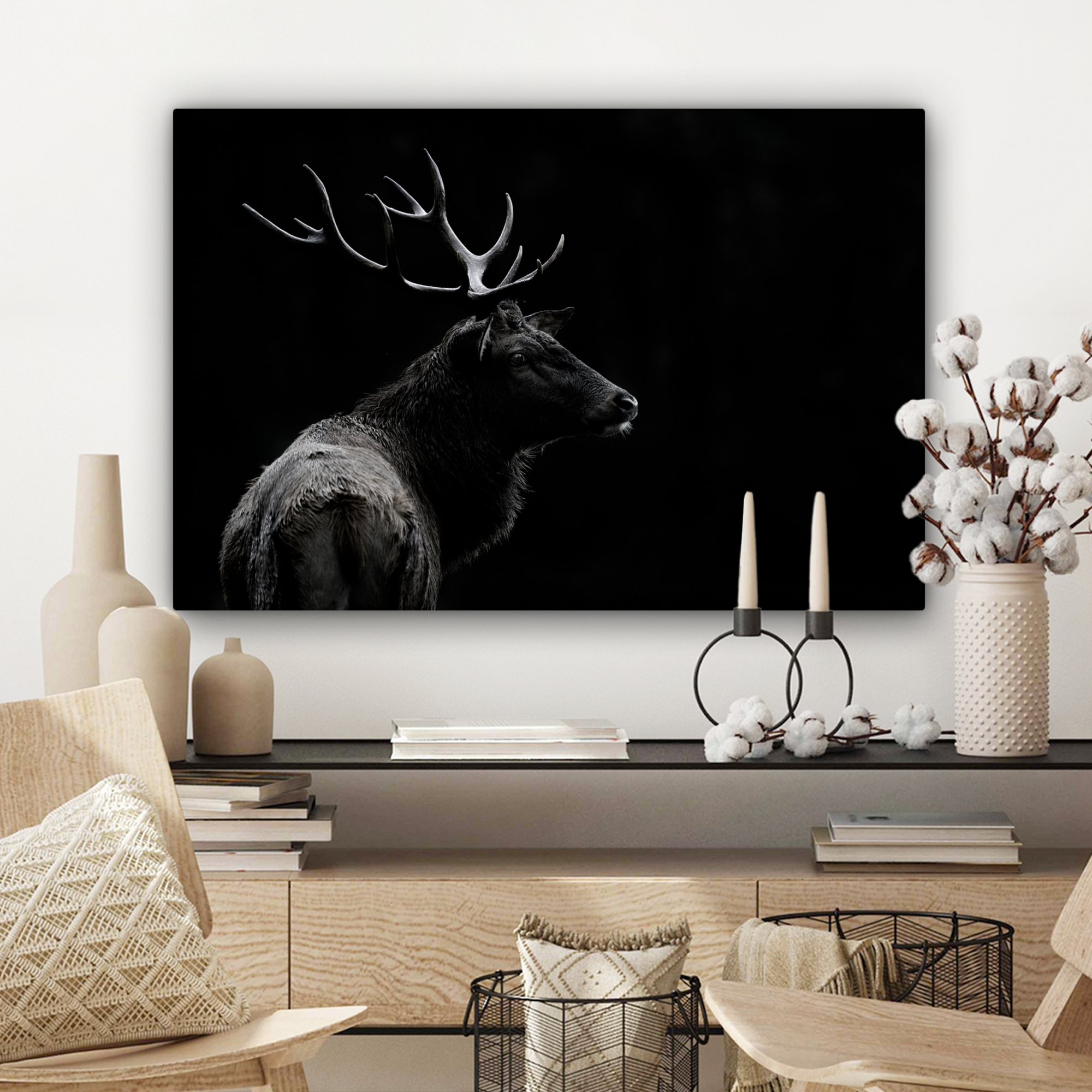 Tableau sur toile - Cerf - Noir - Portrait - Bois de cerf - Animaux-3