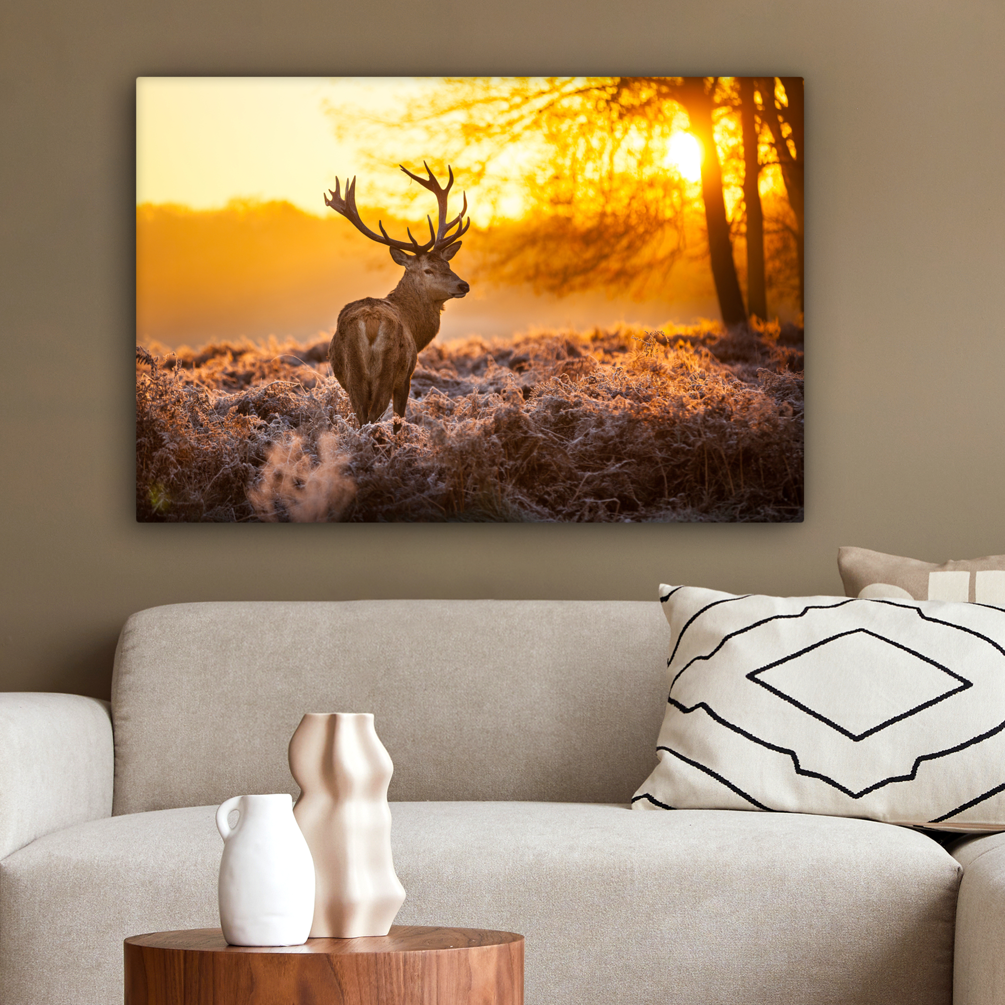 Tableau sur toile - Cerf - Animaux - Coucher de soleil - Hiver - Lande - Nature-2