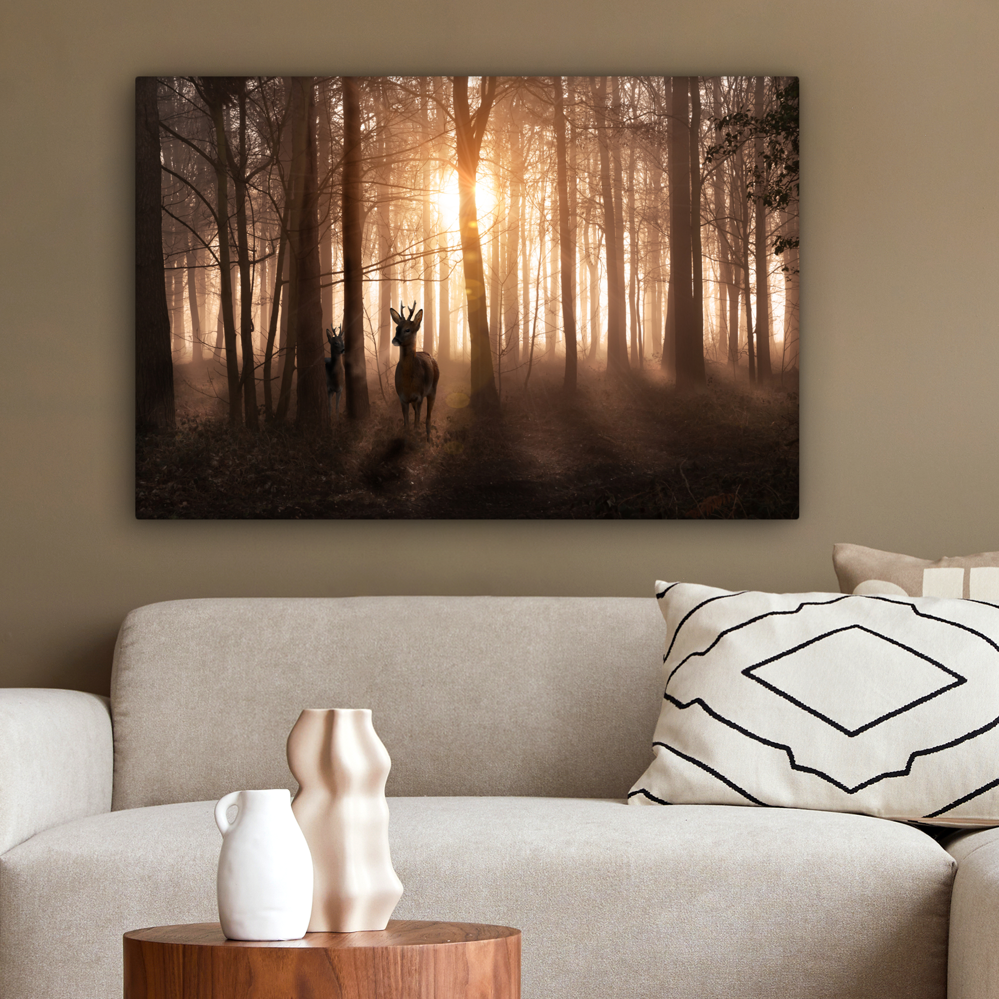 Tableau sur toile - Forêt - Cerf - Soleil - Arbres - Hiver - Nature - Animaux-2