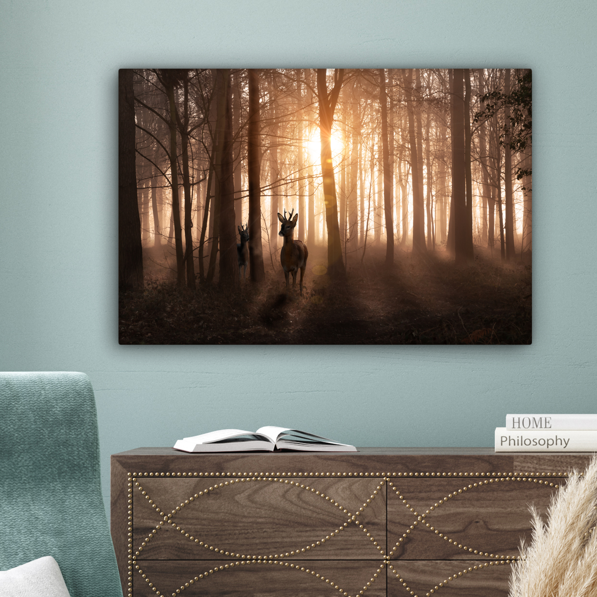 Tableau sur toile - Forêt - Cerf - Soleil - Arbres - Hiver - Nature - Animaux-4