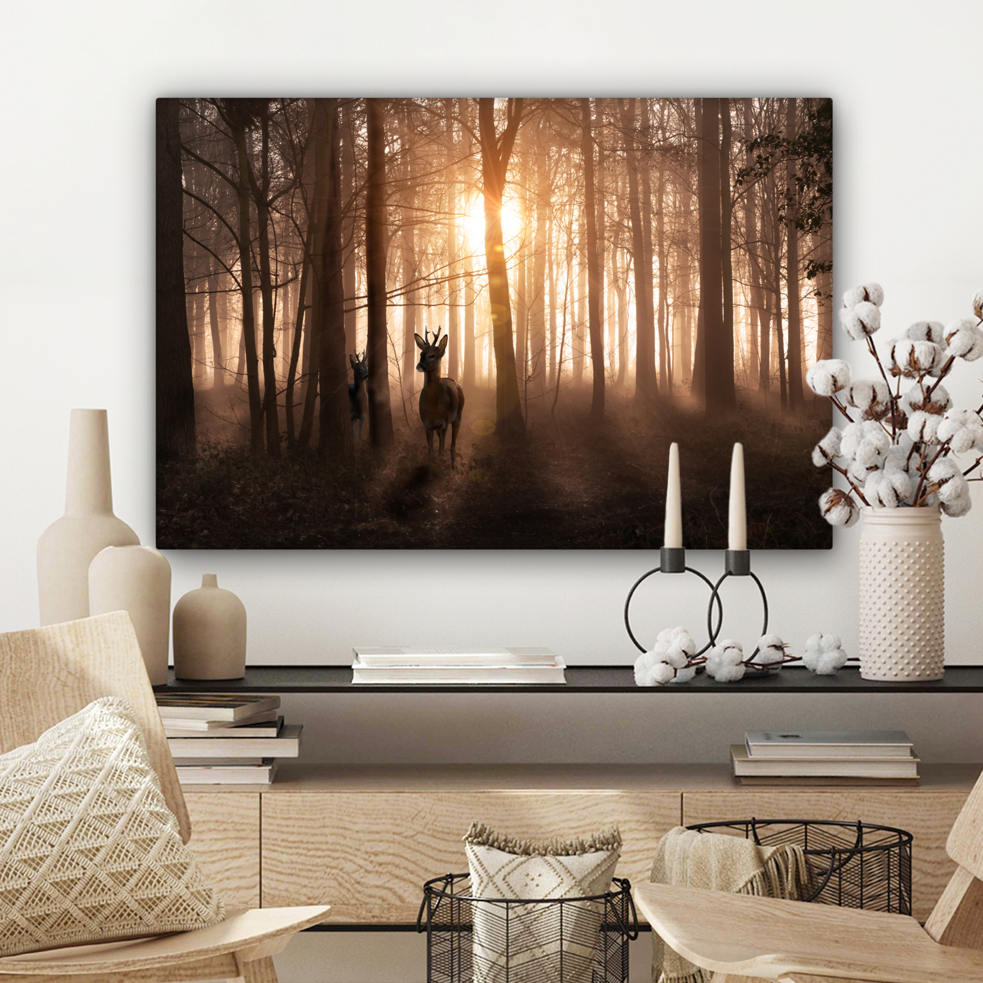 Tableau sur toile - Forêt - Cerf - Soleil - Arbres - Hiver - Nature - Animaux-3