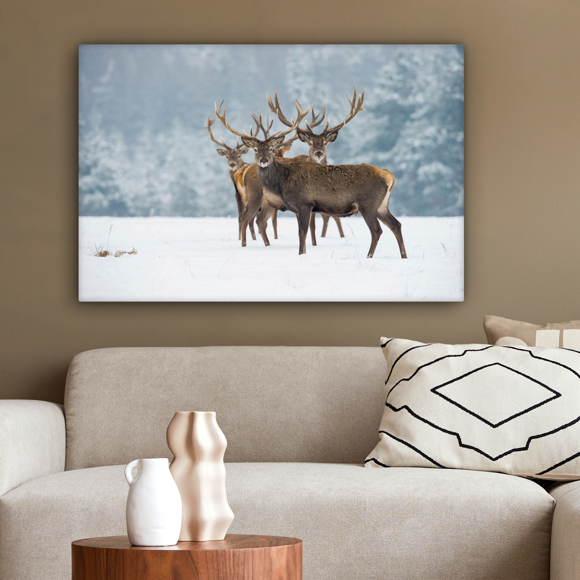 Leinwandbild - Hirsch - Tiere - Schnee - Winter - Landschaft - Natur-2