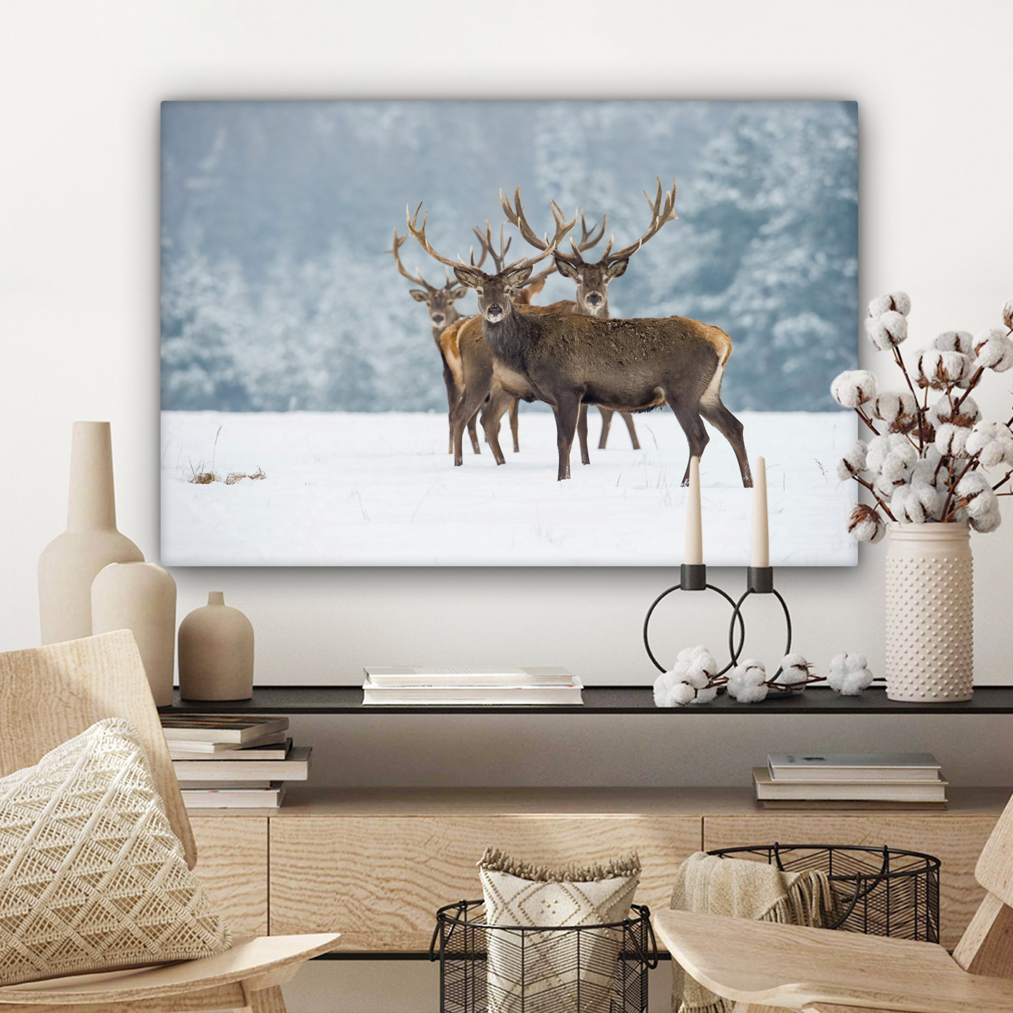 Tableau sur toile - Cerf - Animaux - Neige - Hiver - Paysage - Nature-3