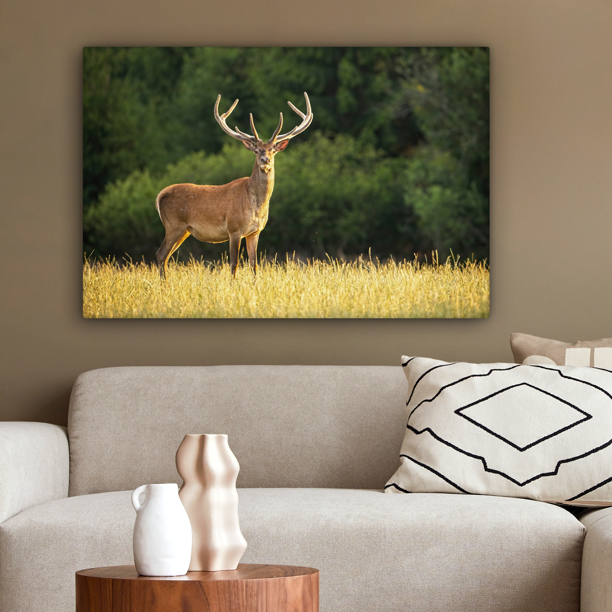 Tableau sur toile - Cerf - Bois de cerf - Herbe - Nature - Animaux - Vert-2