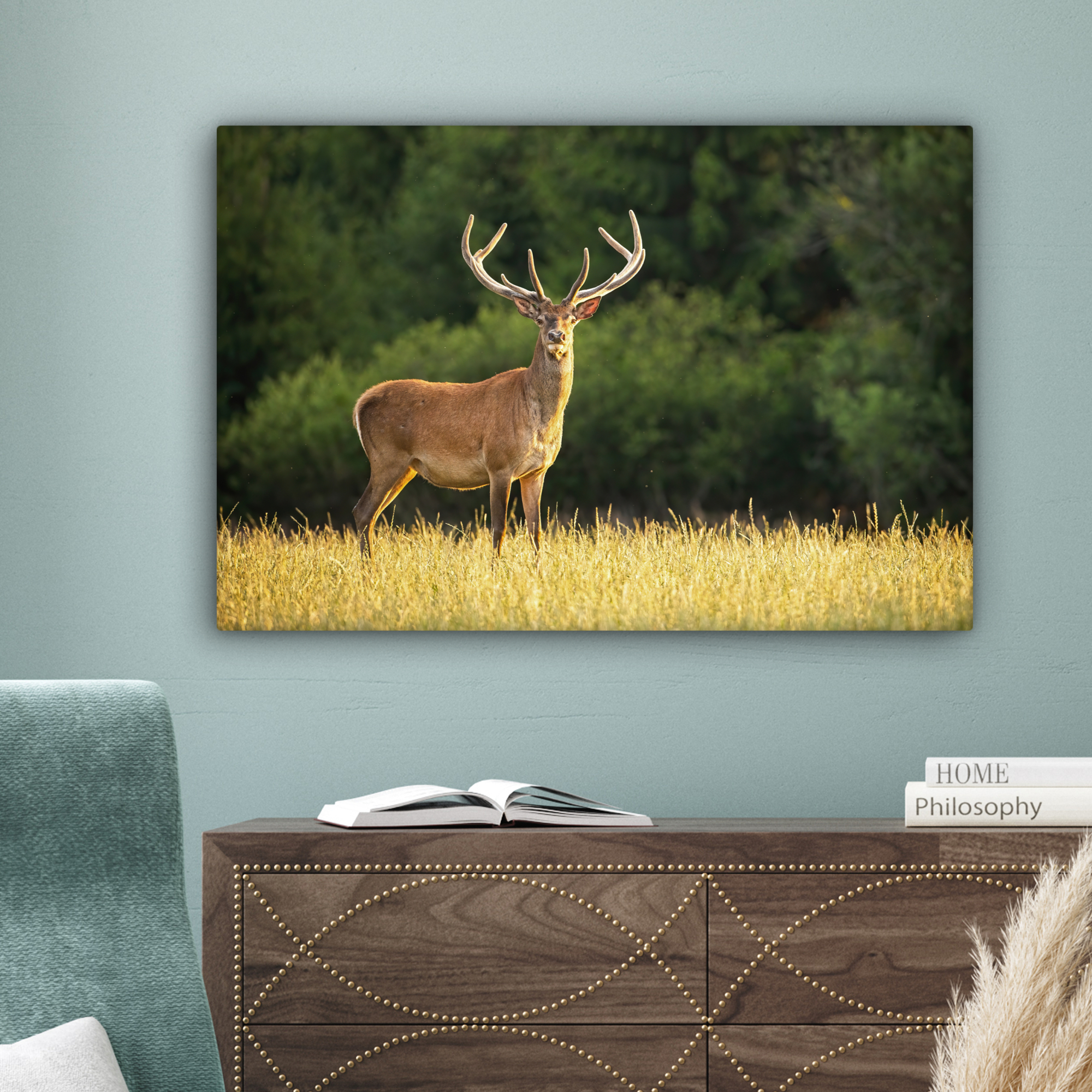 Tableau sur toile - Cerf - Bois de cerf - Herbe - Nature - Animaux - Vert-4