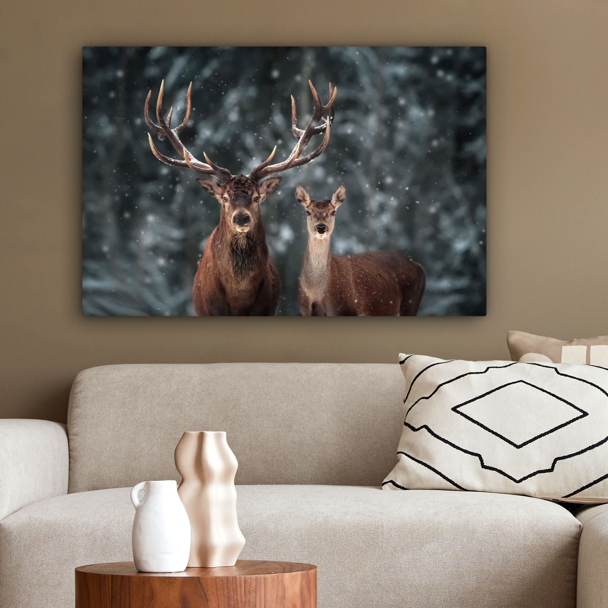 Canvas schilderij - Hert - Dieren - Winter - Gewei - Sneeuw - Natuur-2