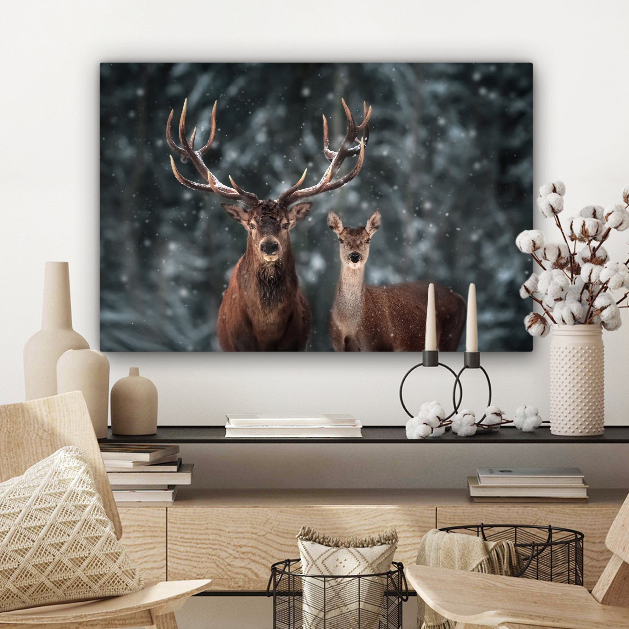 Tableau sur toile - Cerf - Animaux - Hiver - Bois de cerf - Neige - Nature-3