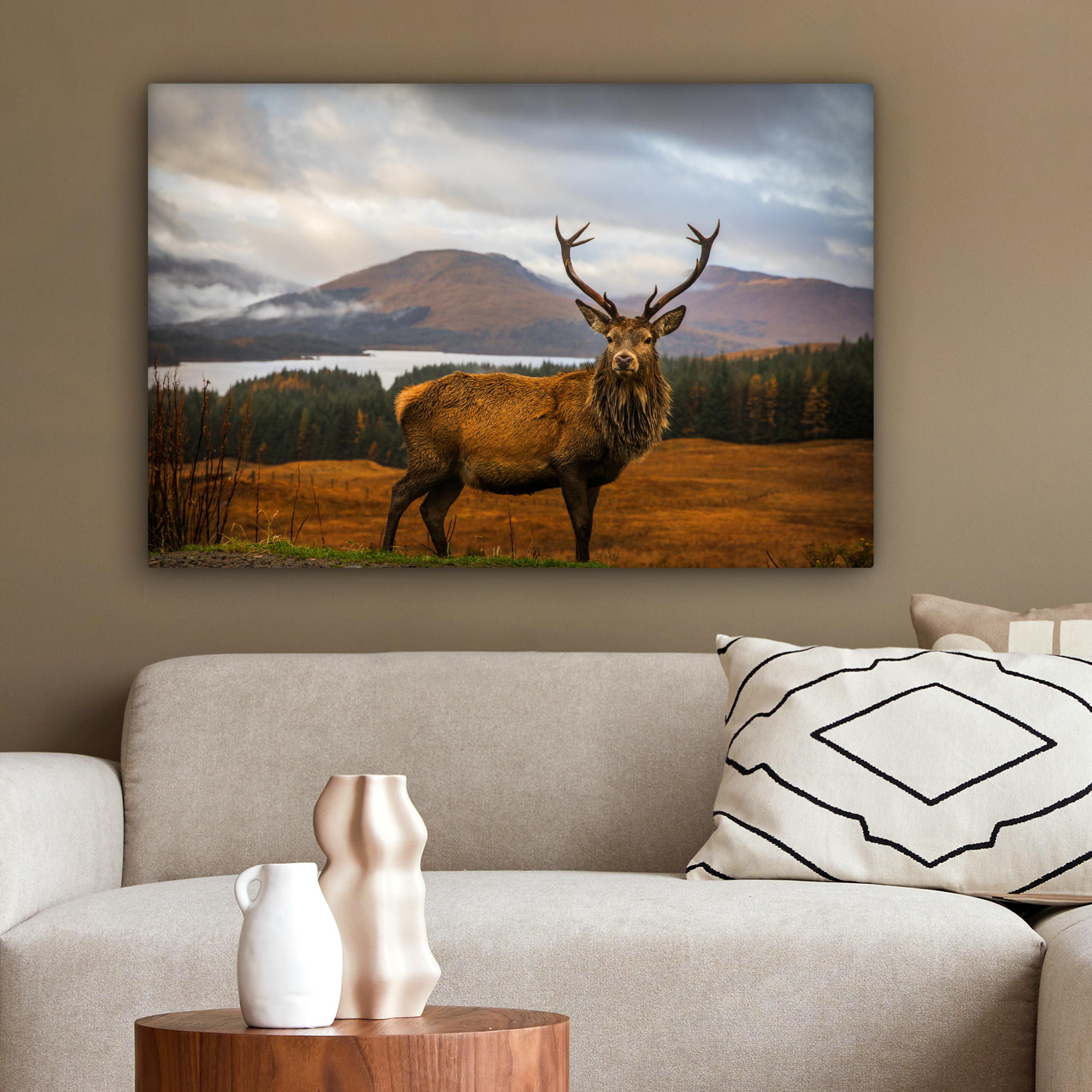 Tableau sur toile - Cerf - Montagne - Eau - Paysage - Animaux - Arbres-2