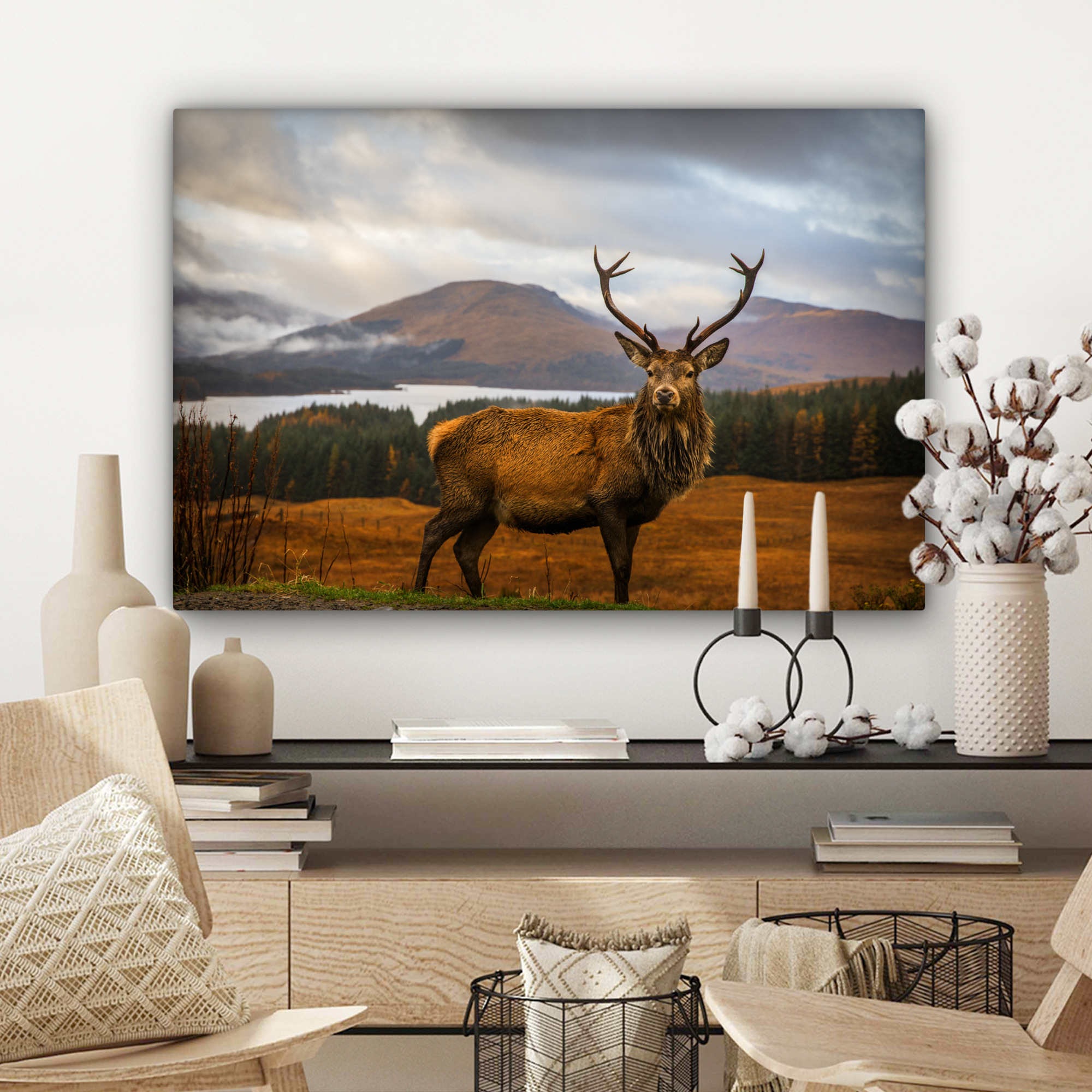 Tableau sur toile - Cerf - Montagne - Eau - Paysage - Animaux - Arbres-3