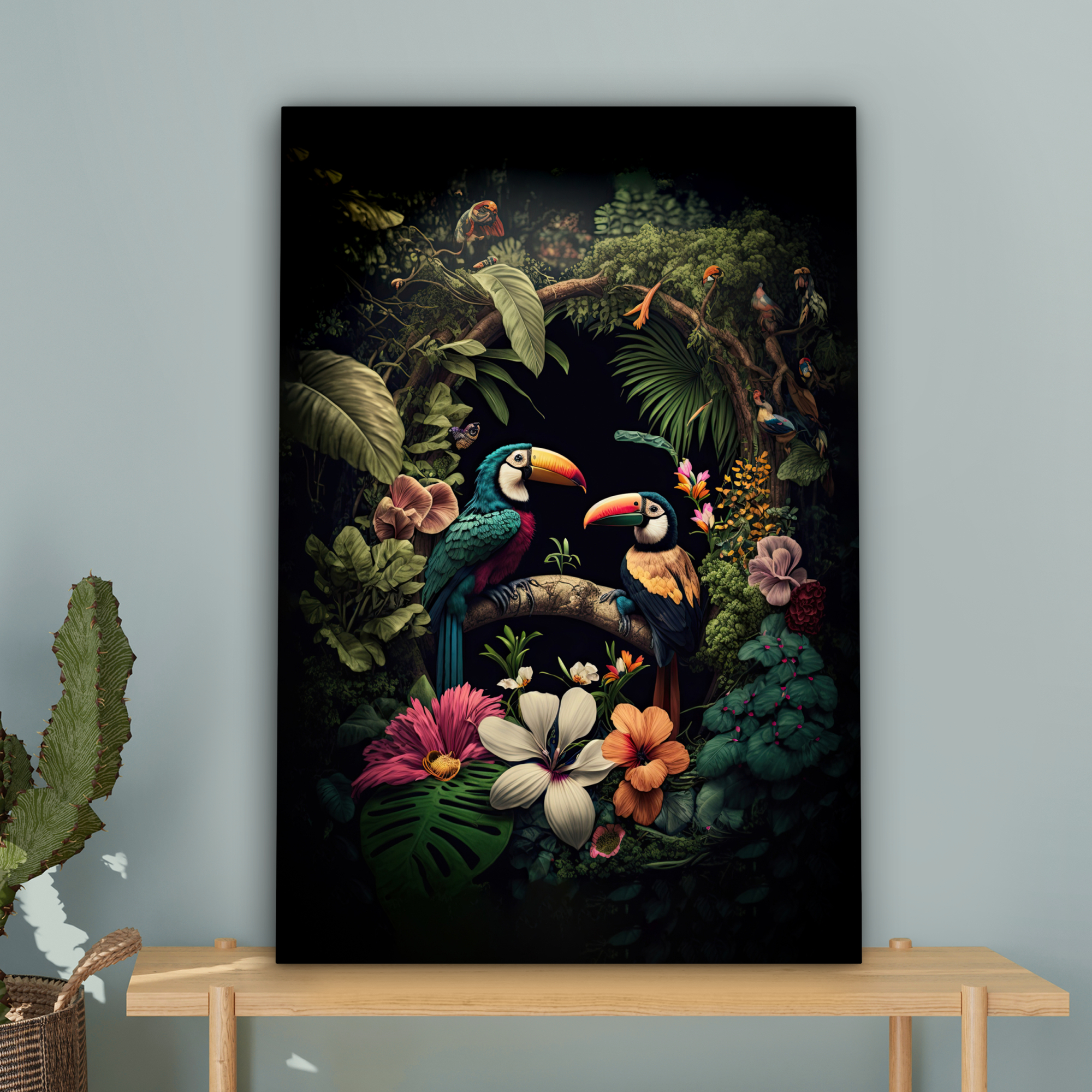 Tableau sur toile - Oiseau - Fleurs - Plantes - Jungle - Noir - Toucan-4