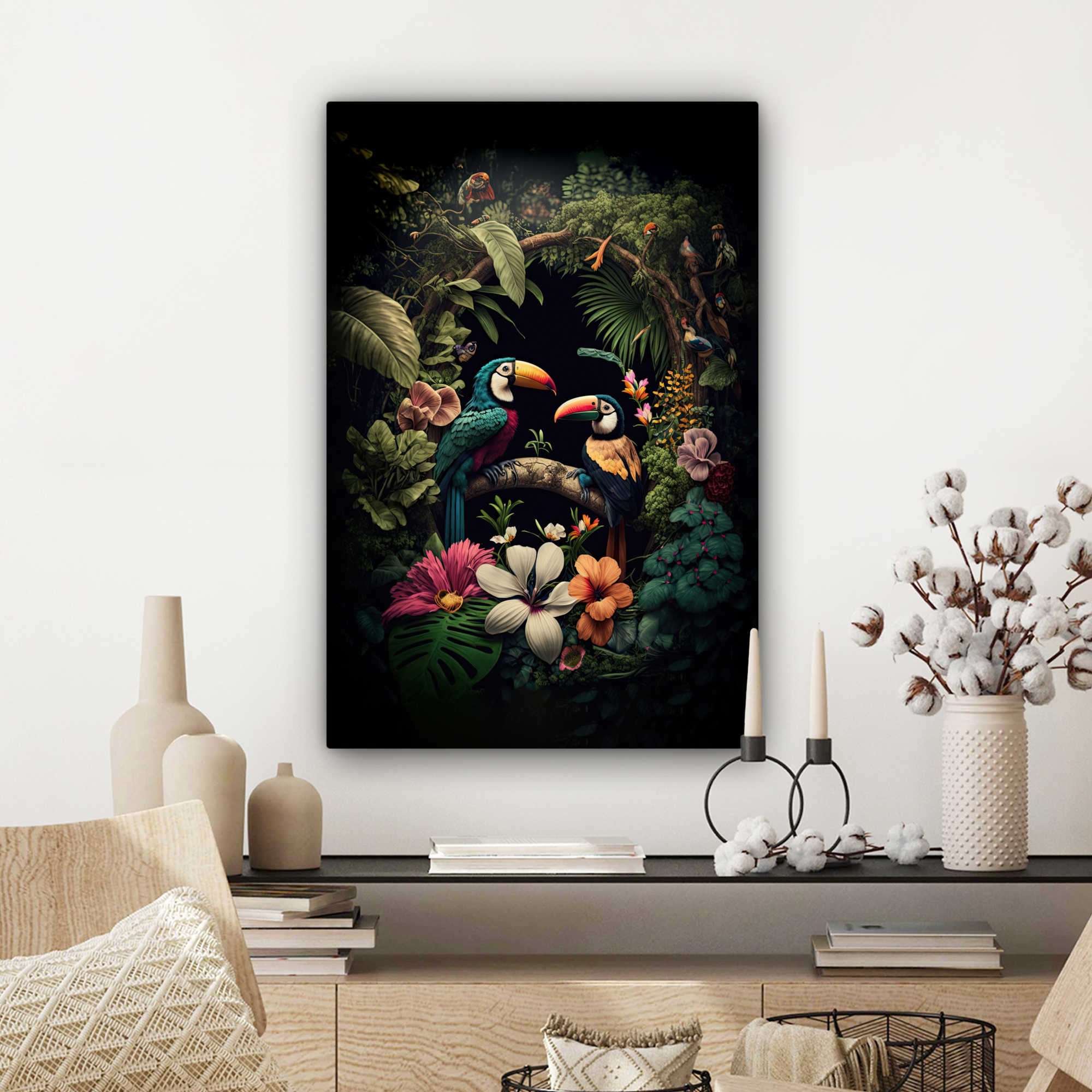 Tableau sur toile - Oiseau - Fleurs - Plantes - Jungle - Noir - Toucan-3