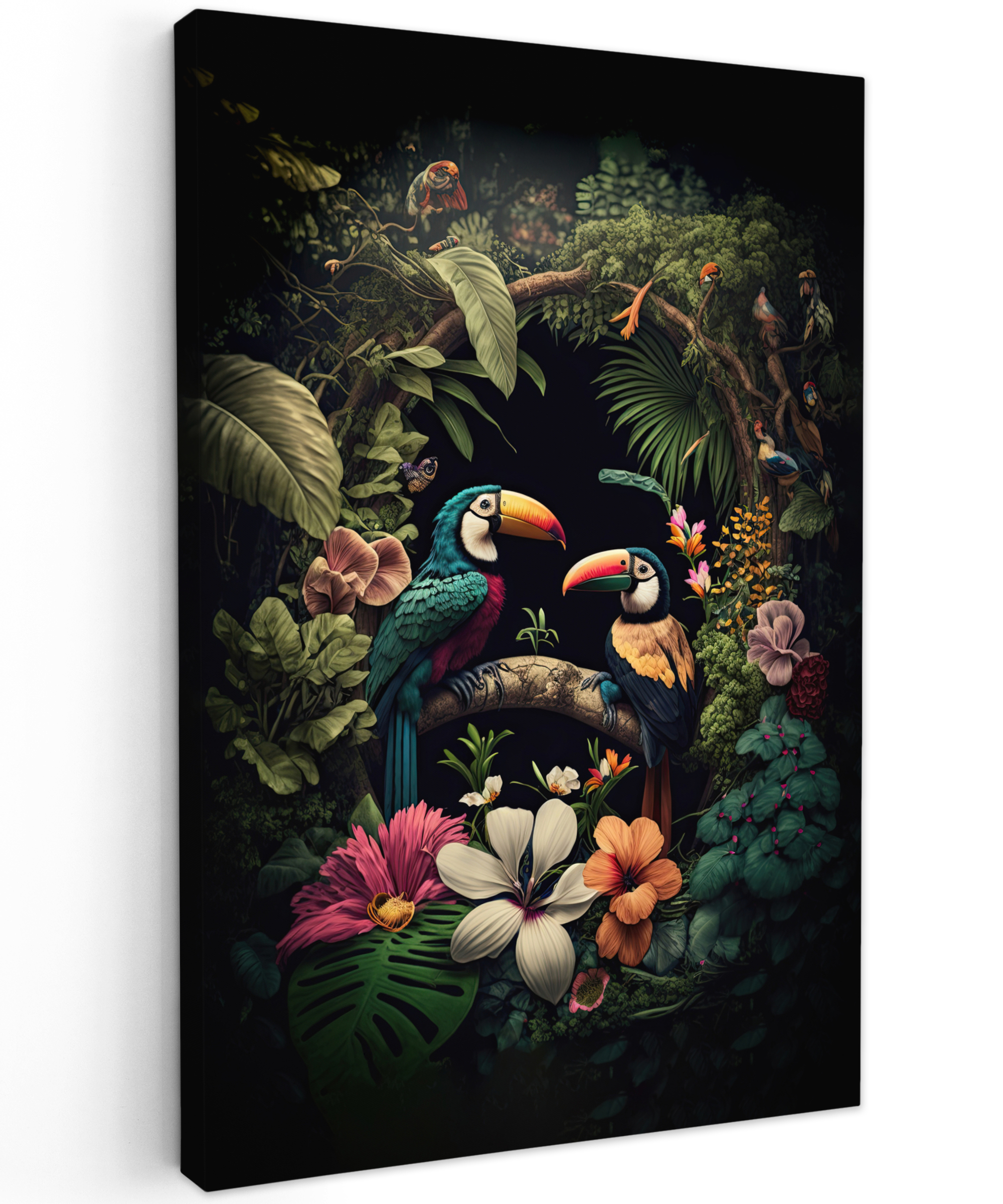 Tableau sur toile - Oiseau - Fleurs - Plantes - Jungle - Noir - Toucan