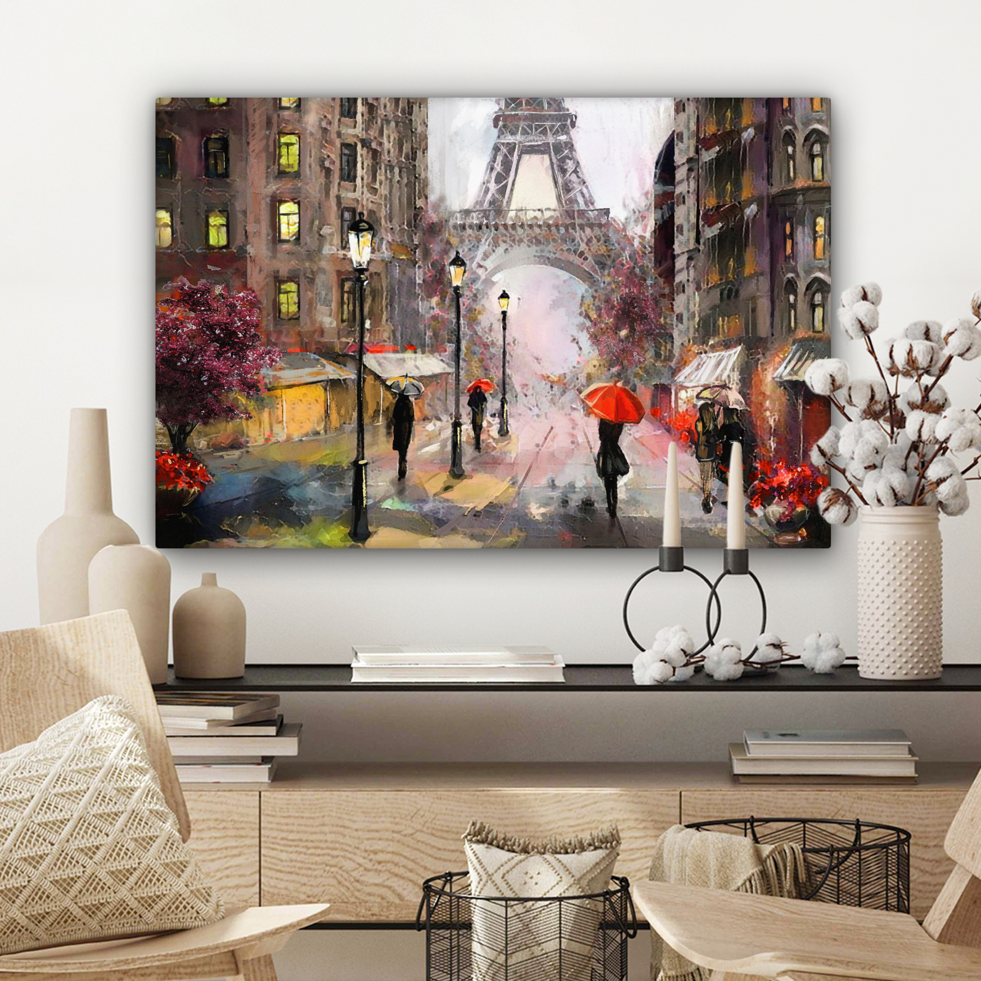Tableau sur toile - Peinture - Paris - Tour Eiffel - Parapluie - Peinture à l'huile-3