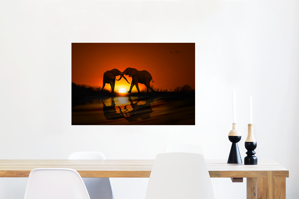 Olifanten koppel bij zonsondergang poster papier middel