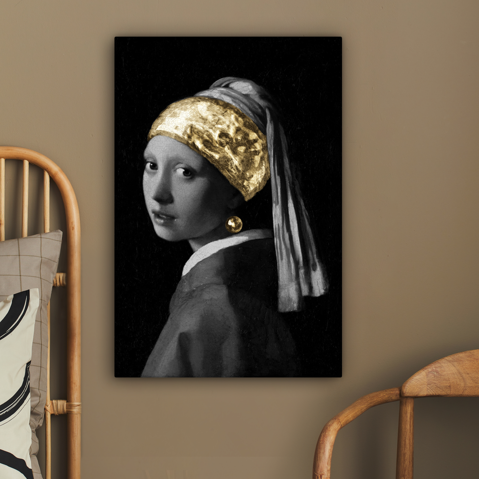 Canvas schilderij - Meisje met de parel - Johannes Vermeer - Goud-2