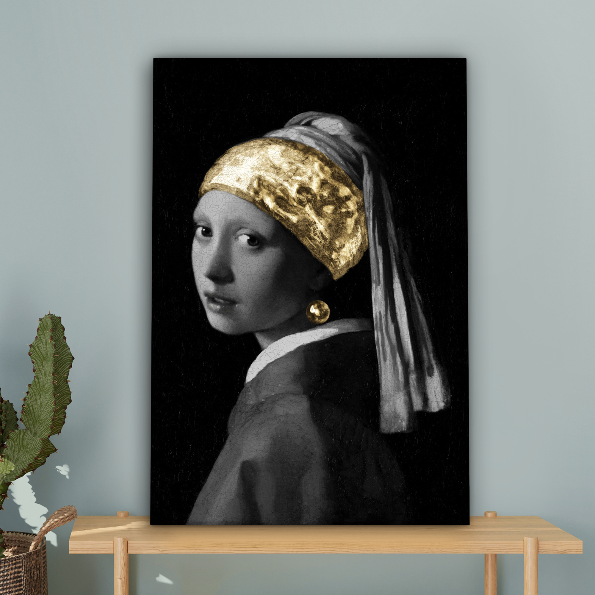 Leinwandbild - Mädchen mit einem Perlenohrring - Johannes Vermeer - Gold-4
