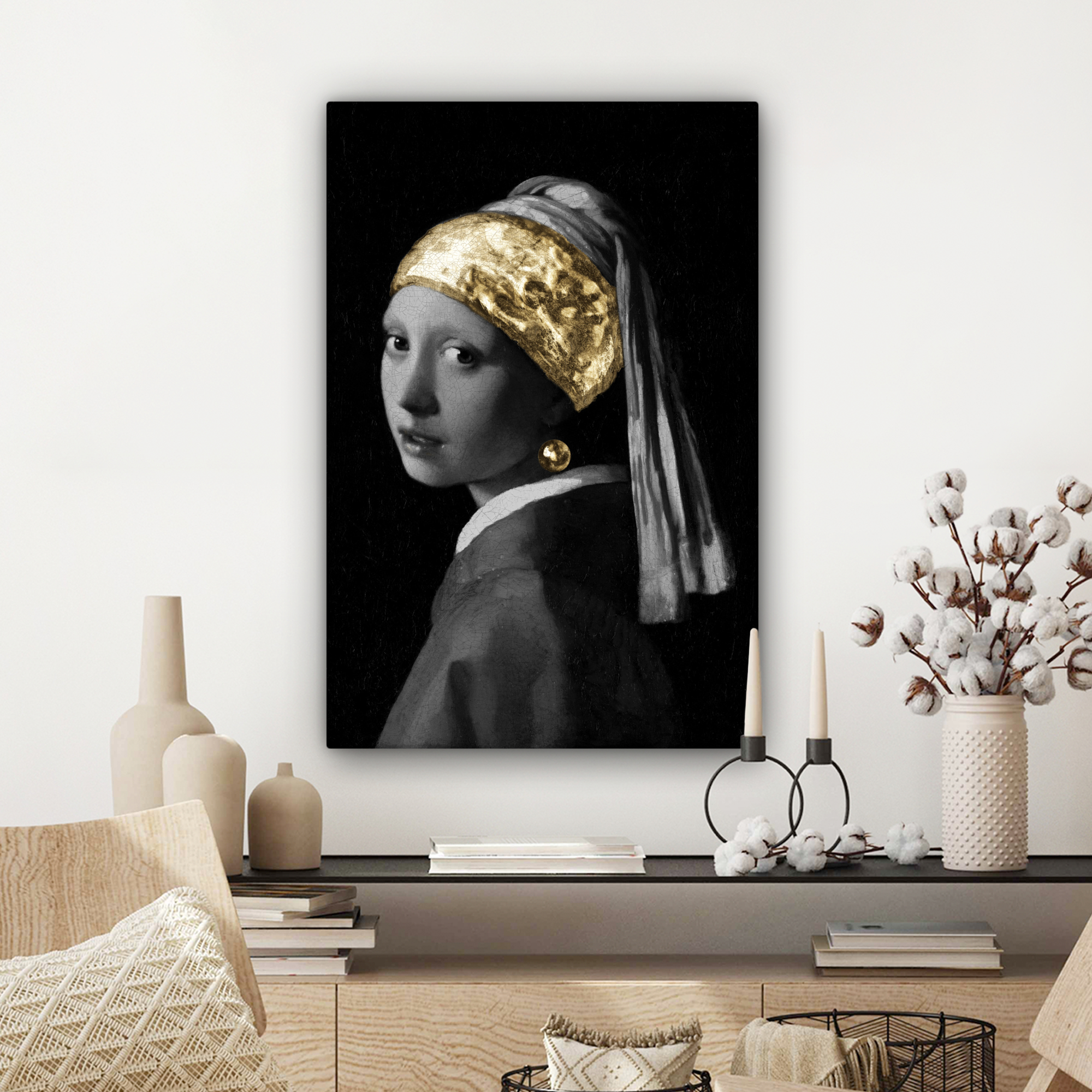Tableau sur toile - Jeune fille à la perle - Johannes Vermeer - Or-3