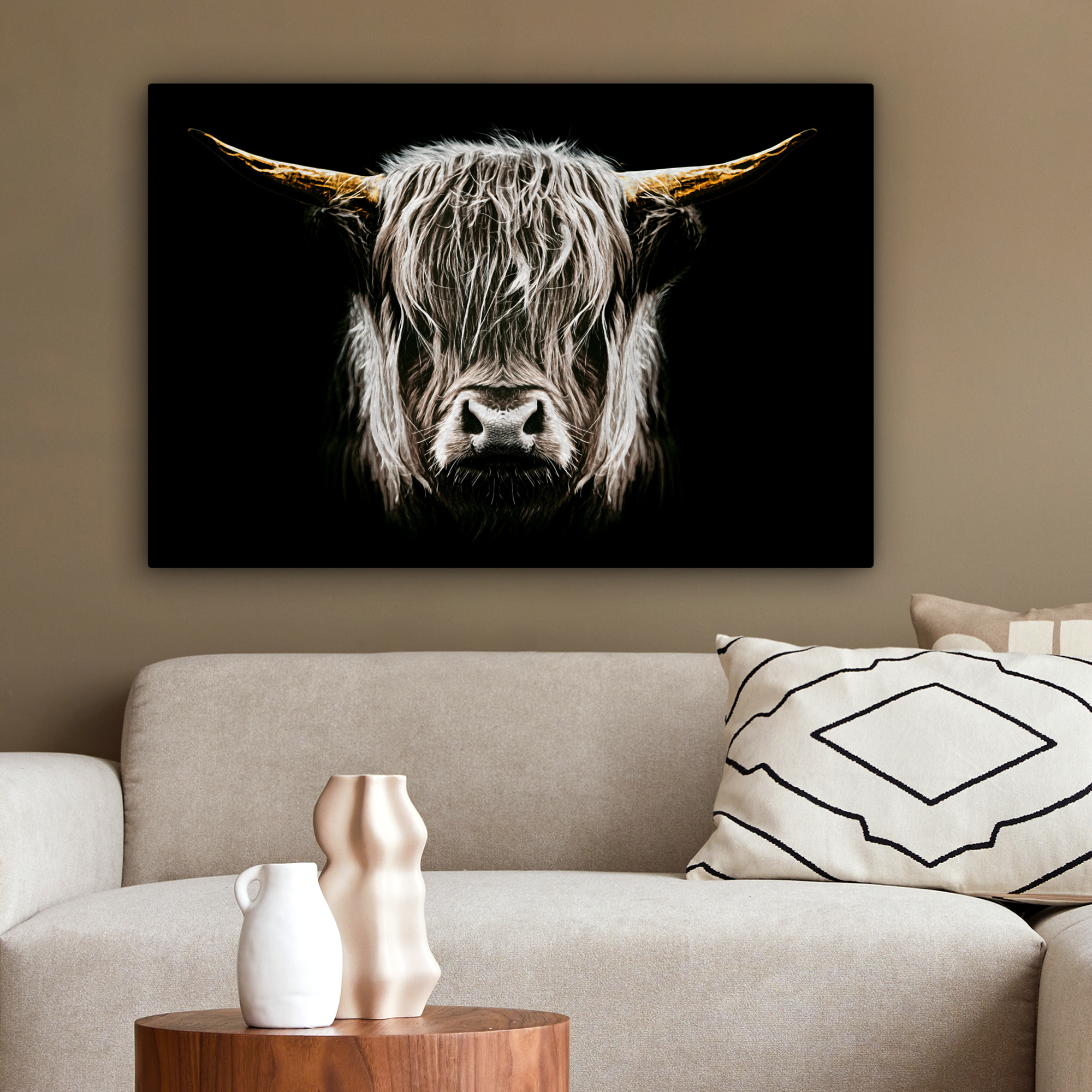 Canvas schilderij - Schotse hooglander - Goud - Hoorns - Zwart wit - Koe - Dieren-2