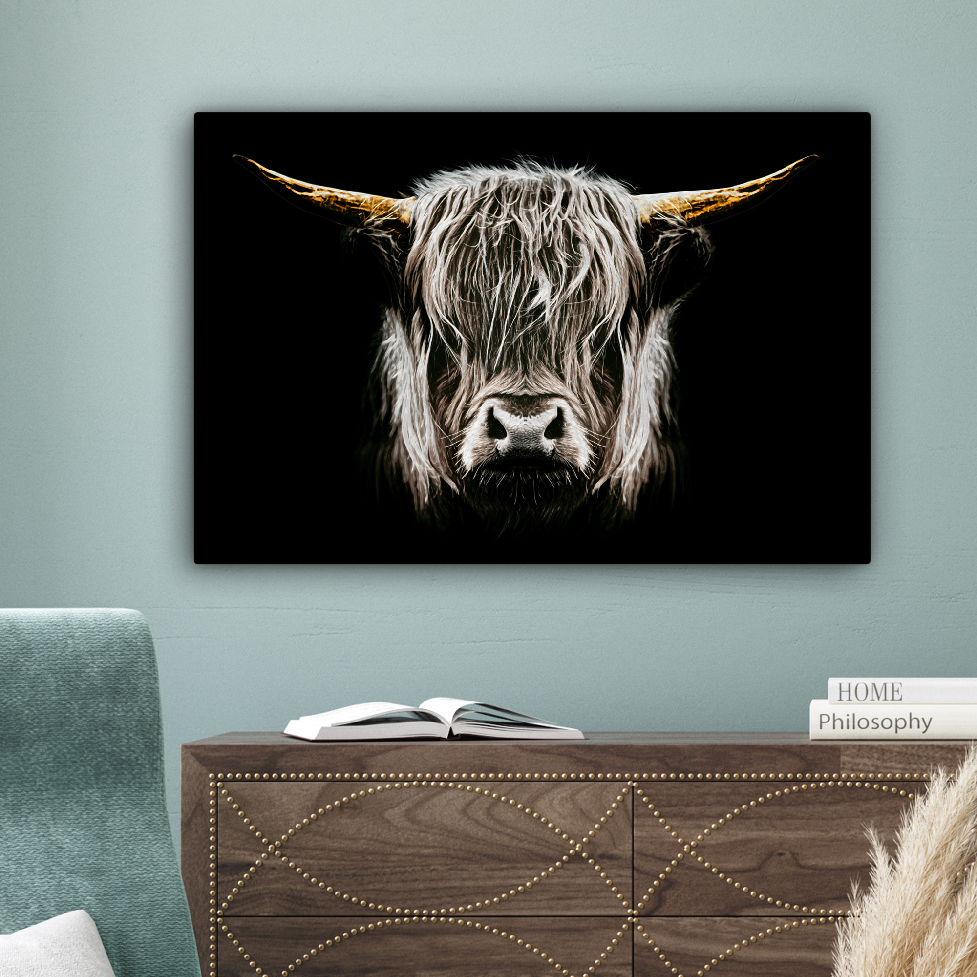 Tableau sur toile - Highlander écossais - Or - Cornes - Noir et Blanc - Vache - Animaux-4