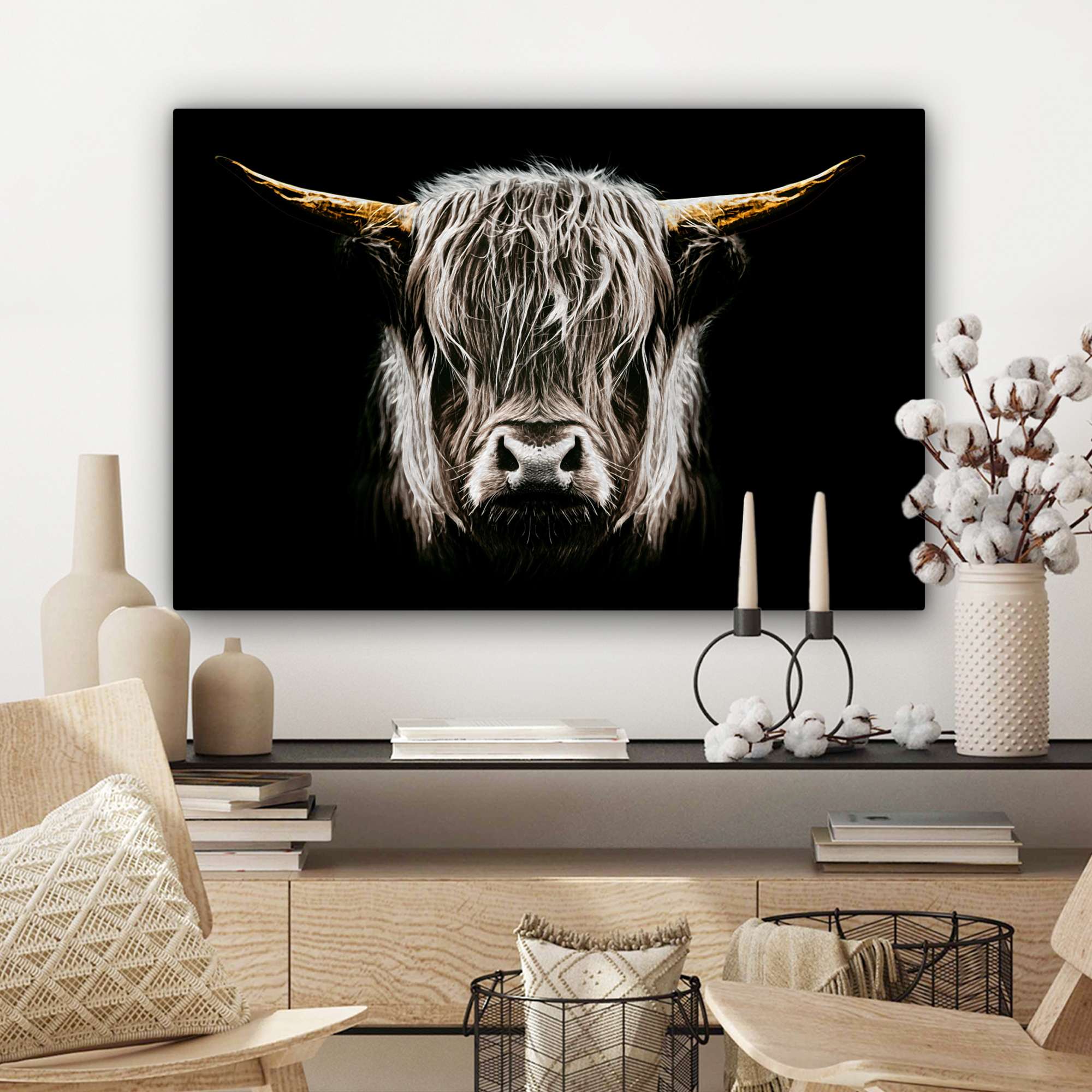 Tableau sur toile - Highlander écossais - Or - Cornes - Noir et Blanc - Vache - Animaux-3