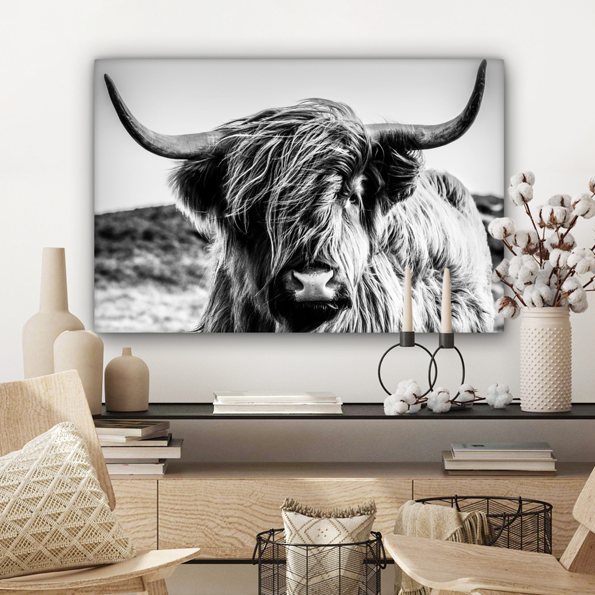 Tableau sur toile - Vache - Highlander écossais - Noir - Blanc - Animal - Nature - Sauvage-3