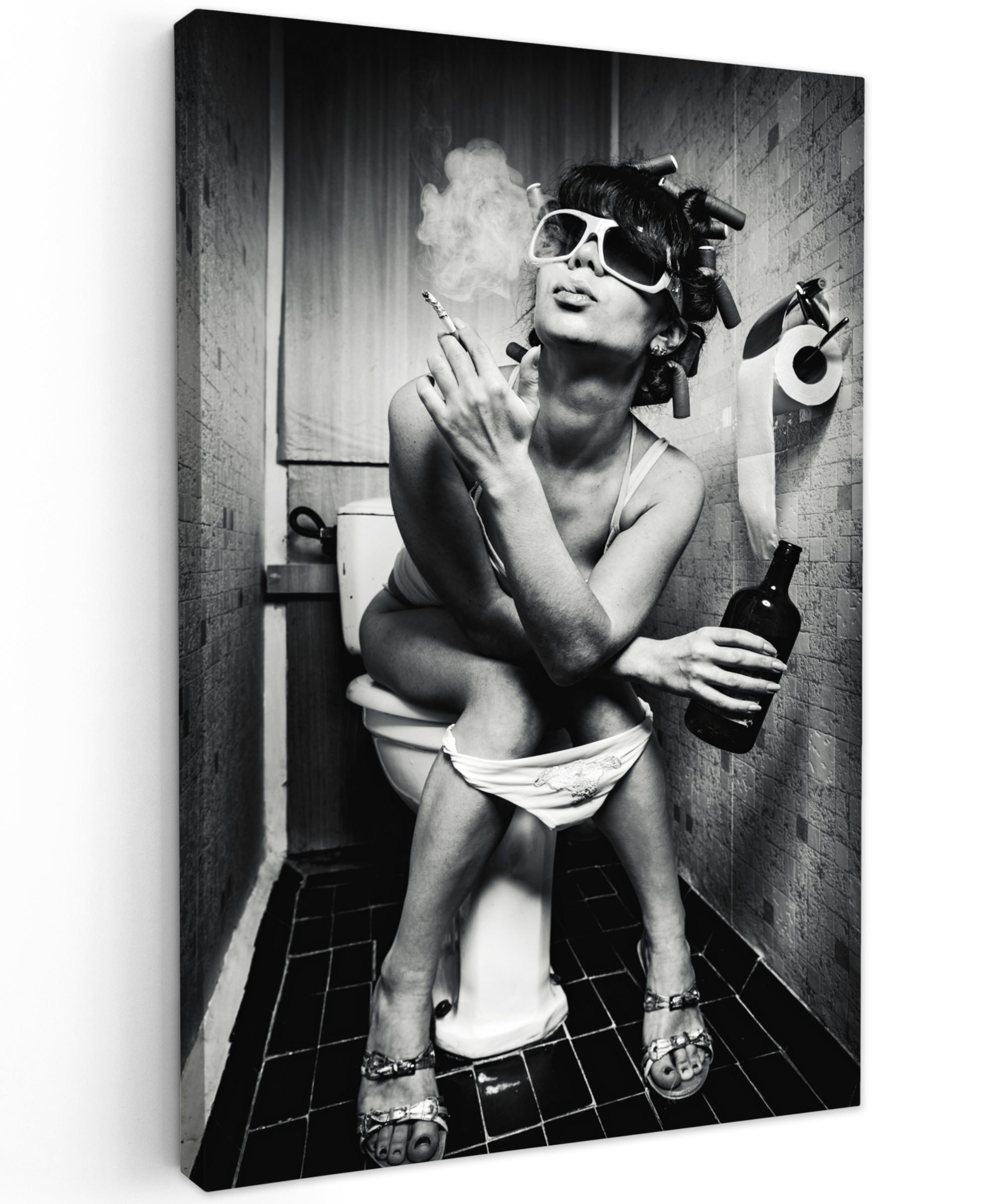 Leinwandbild - Frau - Vintage - Lockenwickler - Toilette - Zigarette