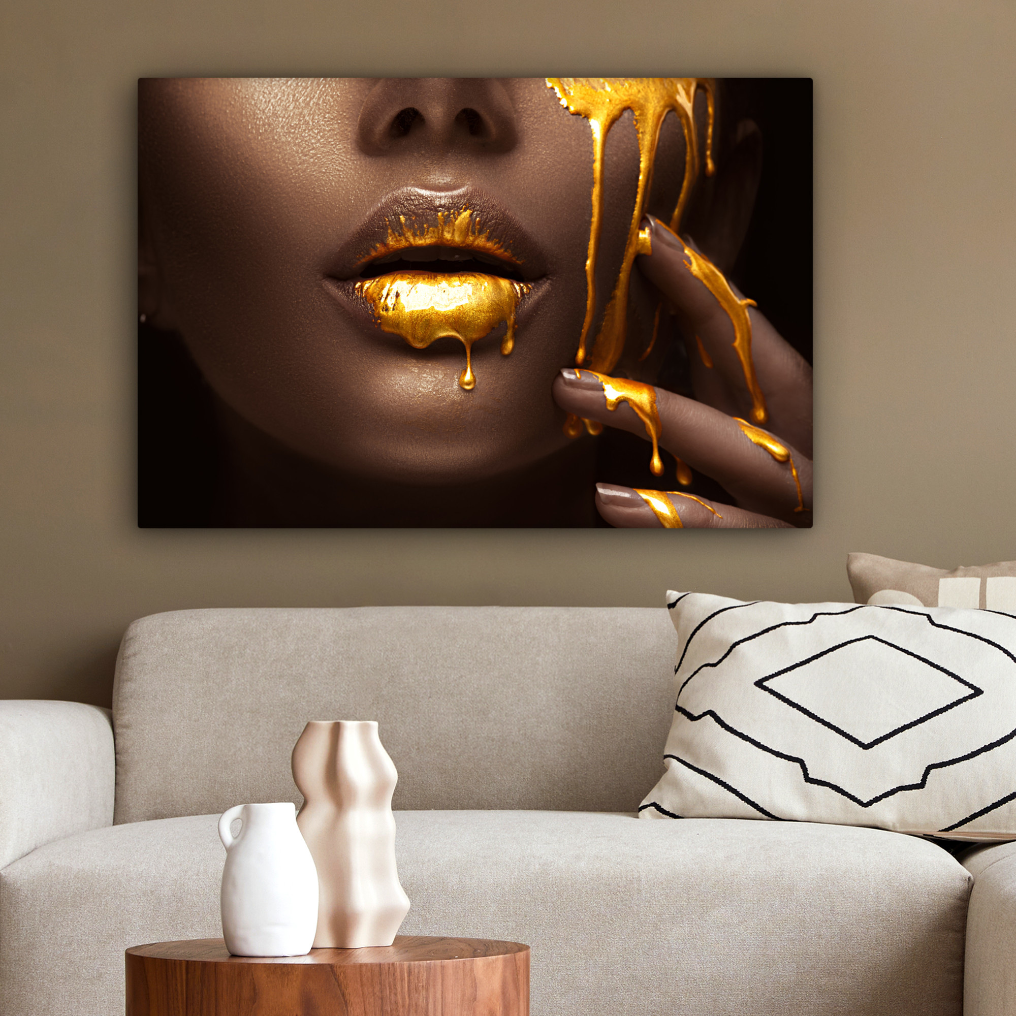Leinwandbild - Gold - Frau - Farbe - Lippen - Luxus-2