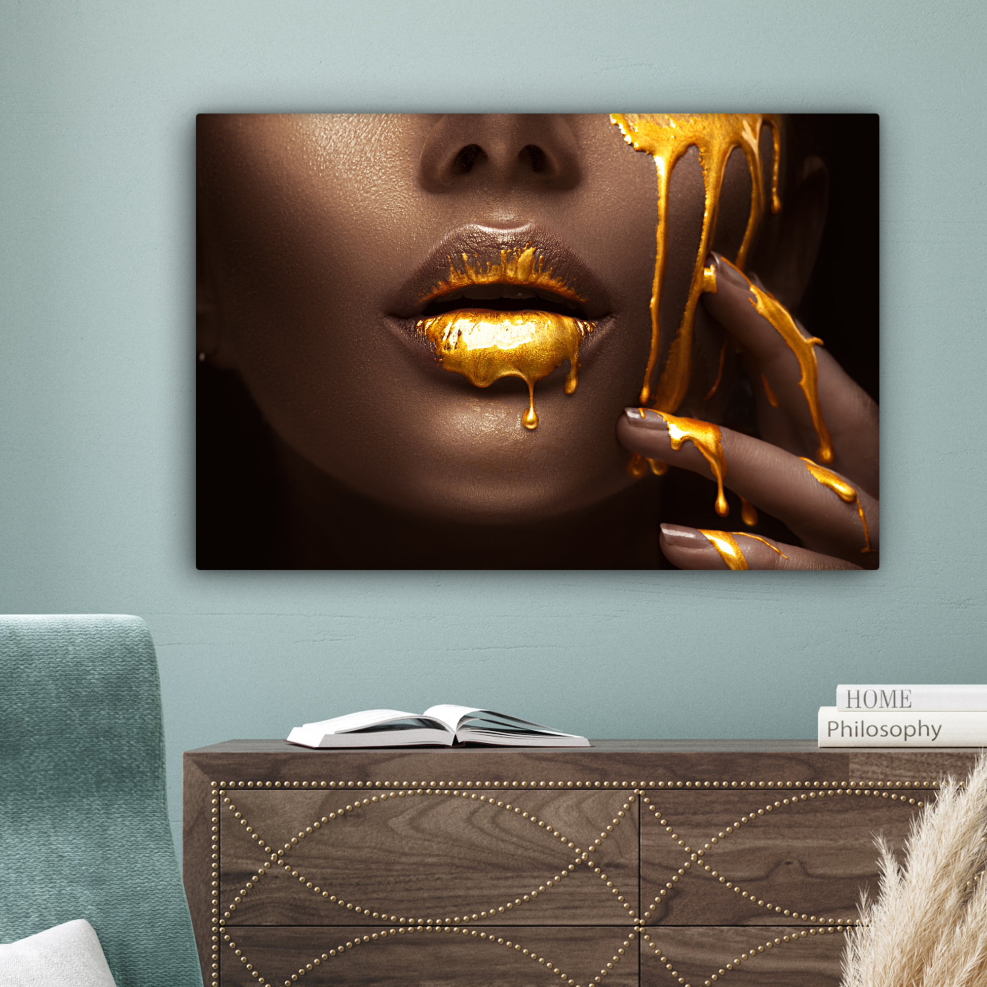 Leinwandbild - Gold - Frau - Farbe - Lippen - Luxus-4