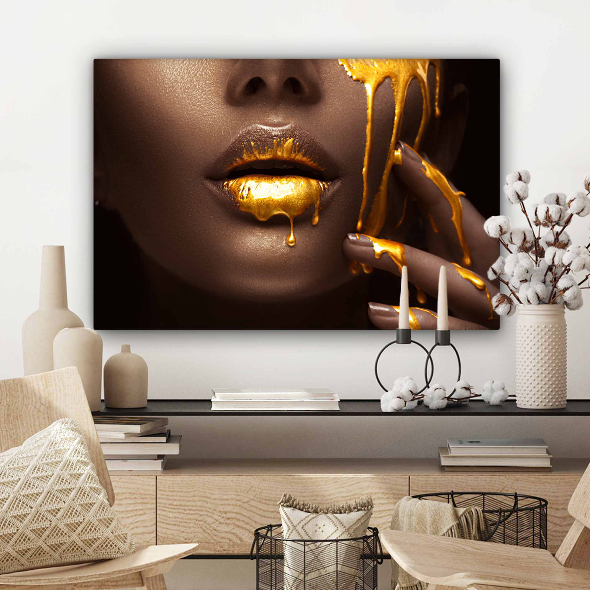 Leinwandbild - Gold - Frau - Farbe - Lippen - Luxus-3
